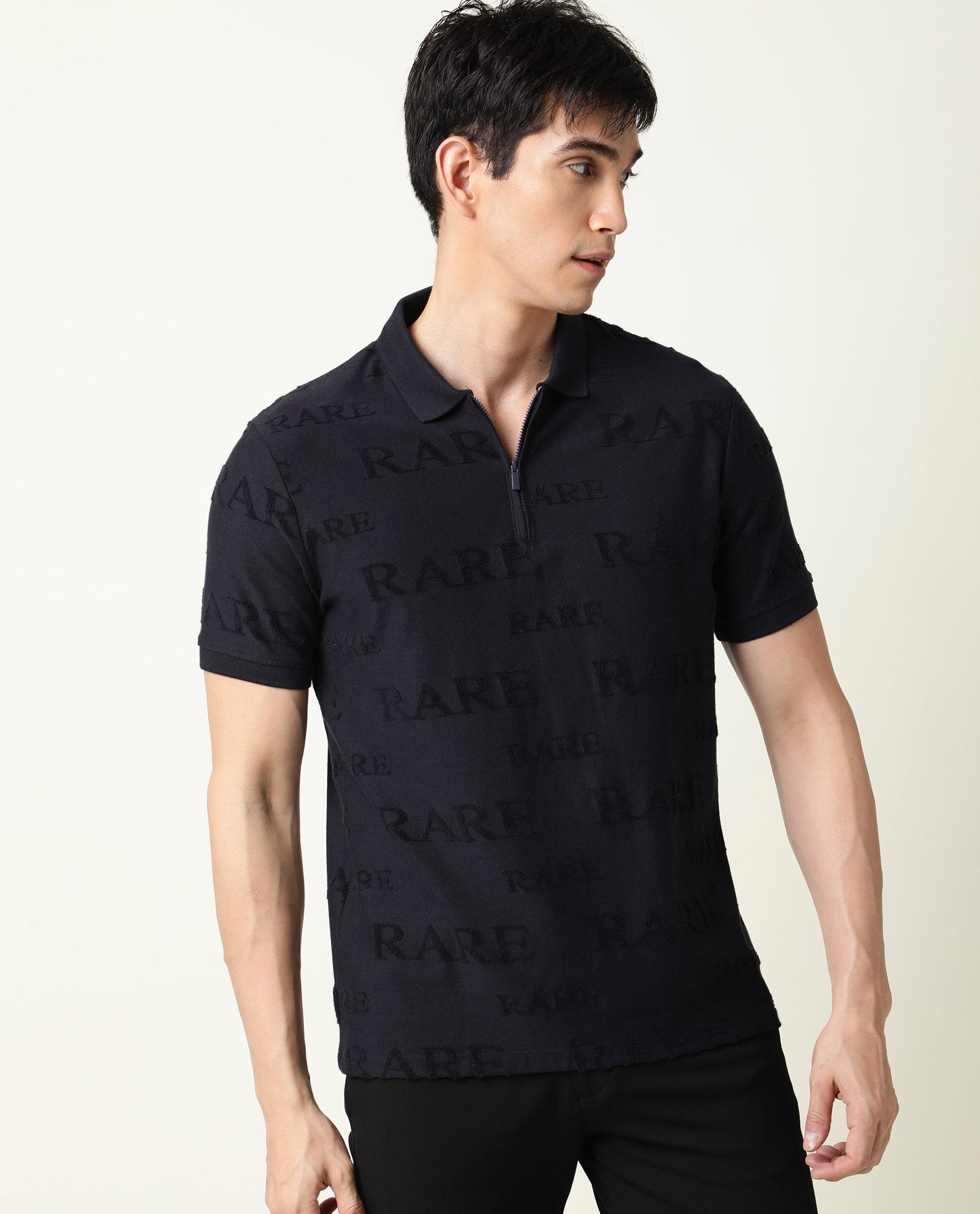 Rare Rabbit Men's Gesset-1 Navy Cotton Fabric Collared Neck Half Sleeves Statement Polo