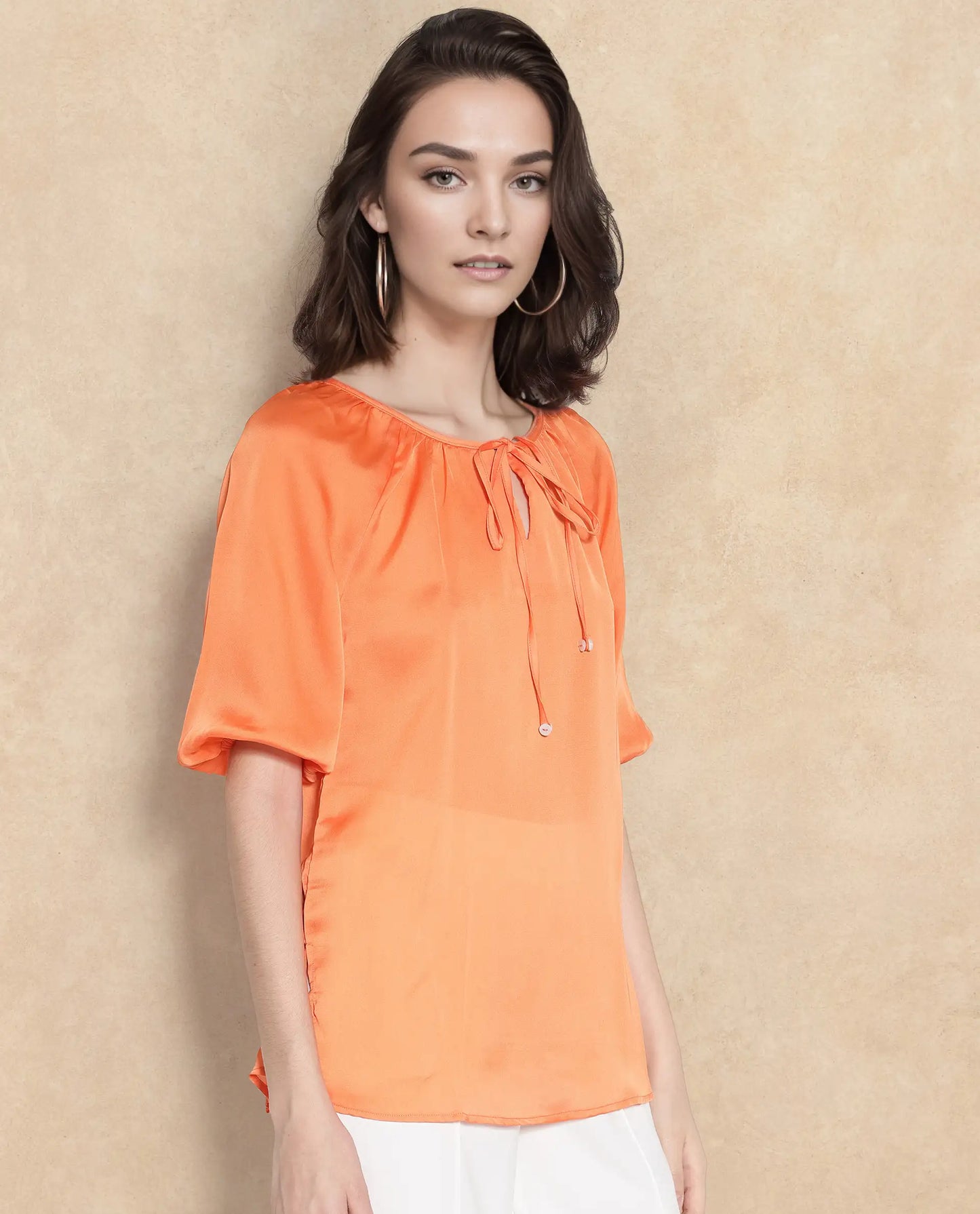 Rareism Women Maleda Orange Polyester Fabric Noodle Strap Mini Cropped Solid Top