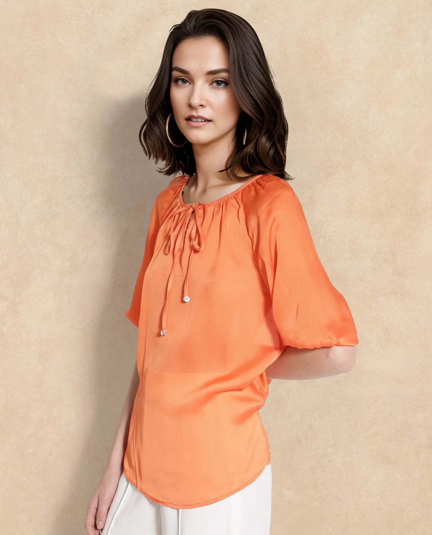 Rareism Women Maleda Orange Polyester Fabric Noodle Strap Mini Cropped Solid Top