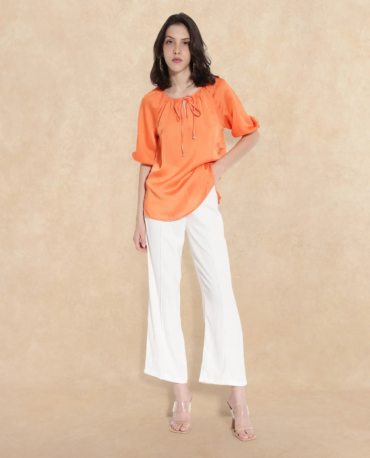 Rareism Women Maleda Orange Polyester Fabric Noodle Strap Mini Cropped Solid Top