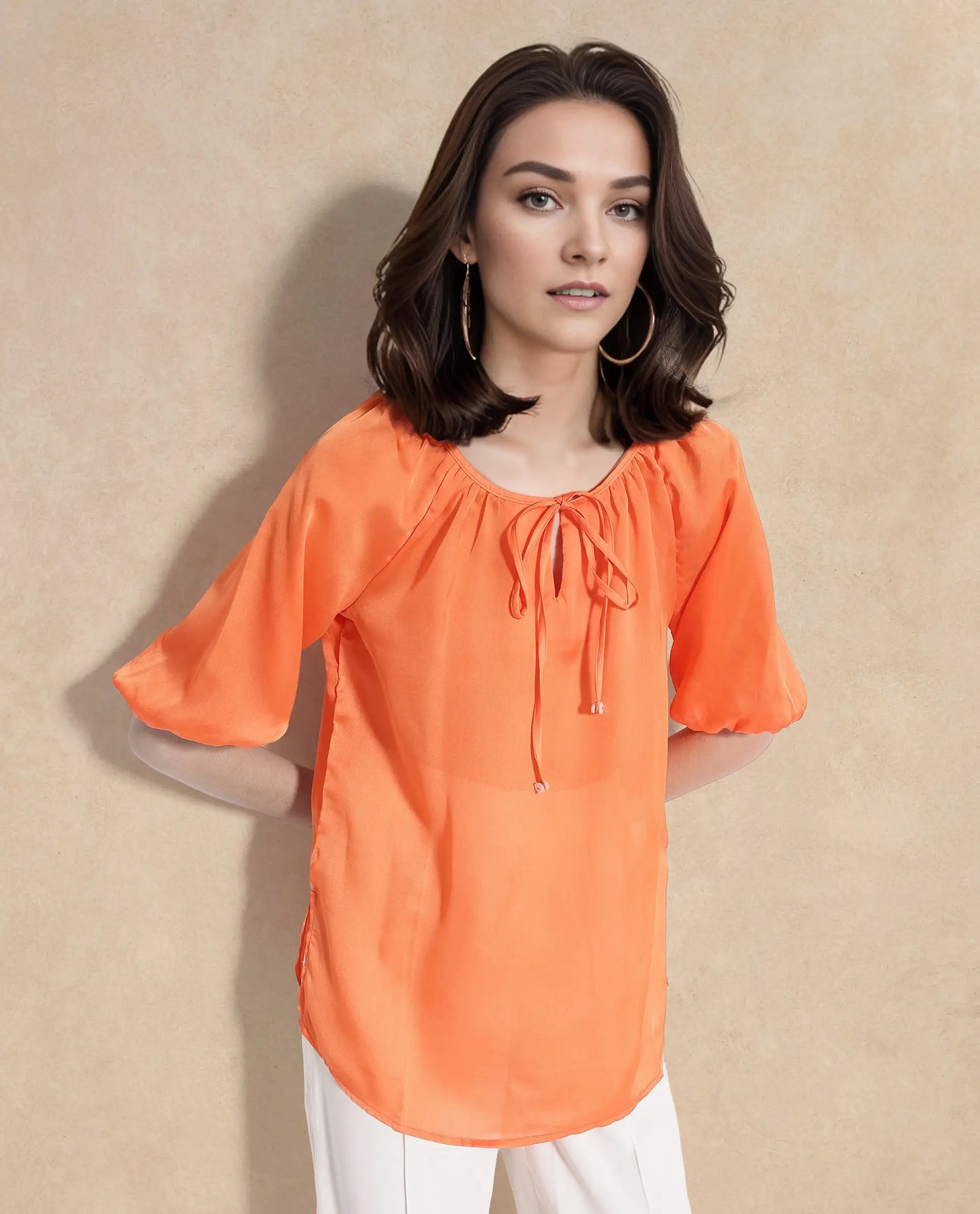 Rareism Women Maleda Orange Polyester Fabric Noodle Strap Mini Cropped Solid Top