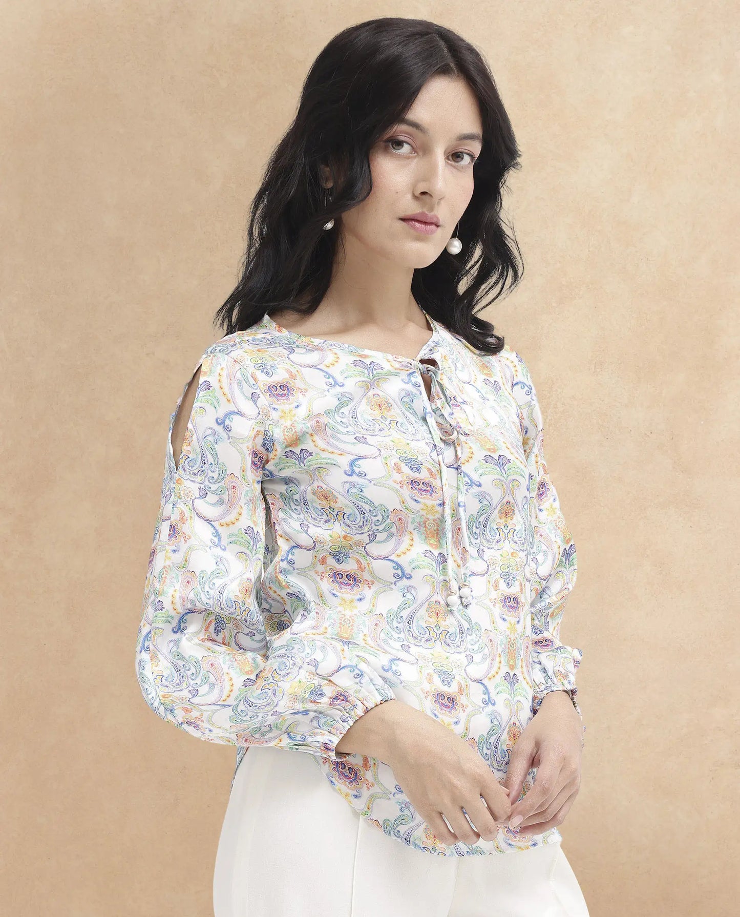 Rareism Women Mester Multi Polyester Fabric Full Sleeve Key Hole Neck Abstract Print Regular Length Top