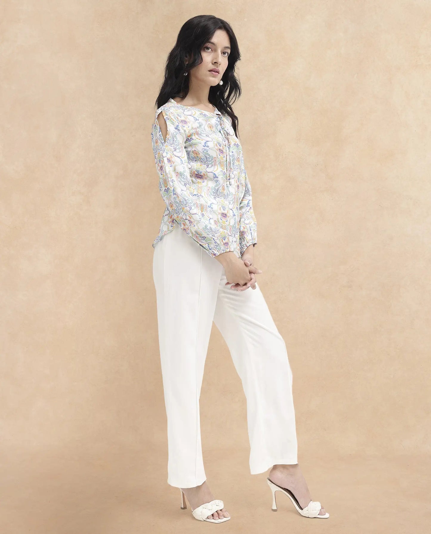 Rareism Women Mester Multi Polyester Fabric Full Sleeve Key Hole Neck Abstract Print Regular Length Top