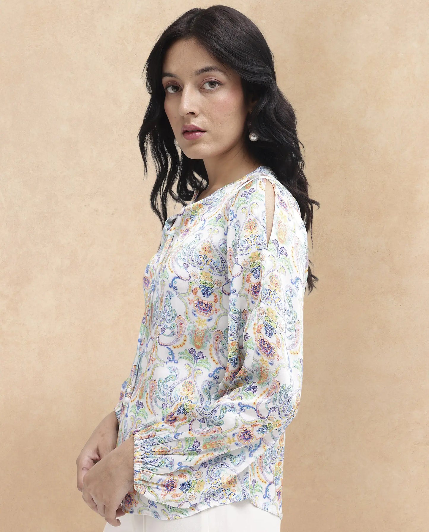 Rareism Women Mester Multi Polyester Fabric Full Sleeve Key Hole Neck Abstract Print Regular Length Top