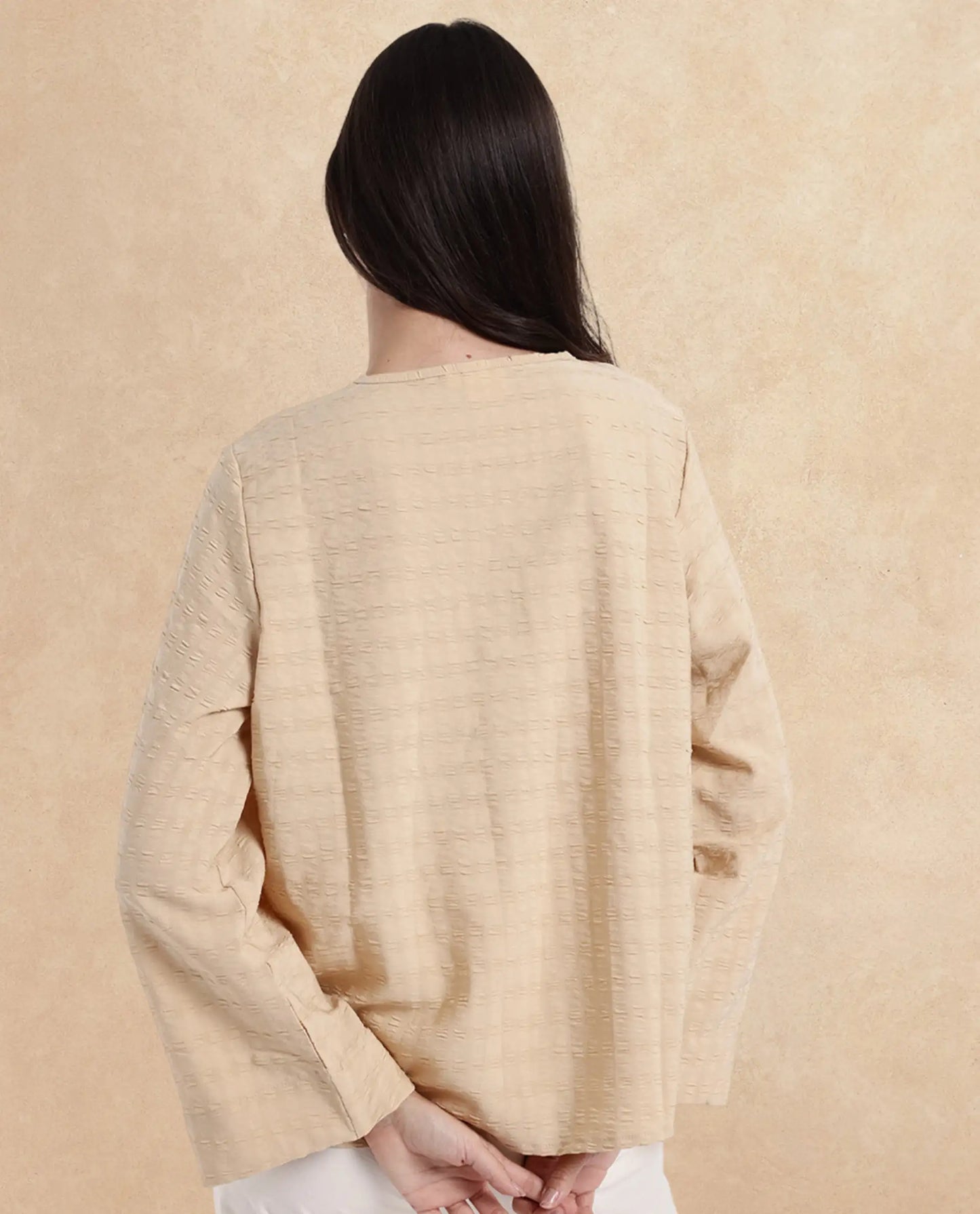 Rareism Women Metio Light Beige Full Sleeve Tie Up Neck Relaxed Fit Plain Top