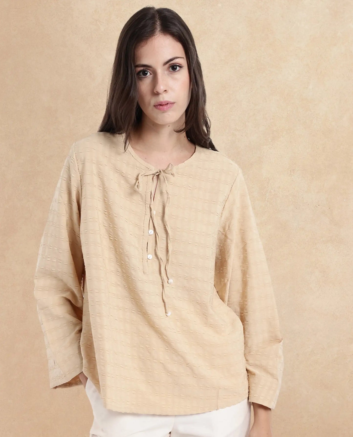 Rareism Women Metio Light Beige Full Sleeve Tie Up Neck Relaxed Fit Plain Top