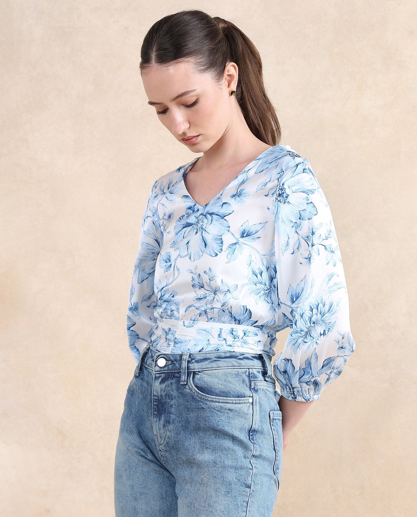Rareism Women Milan Light Blue Bell Sleeves V-Neck Cropped Floral Print Top