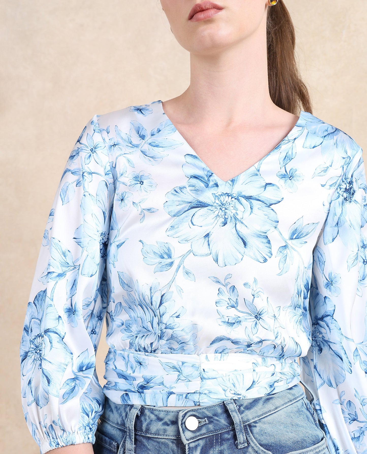 Rareism Women Milan Light Blue Bell Sleeves V-Neck Cropped Floral Print Top