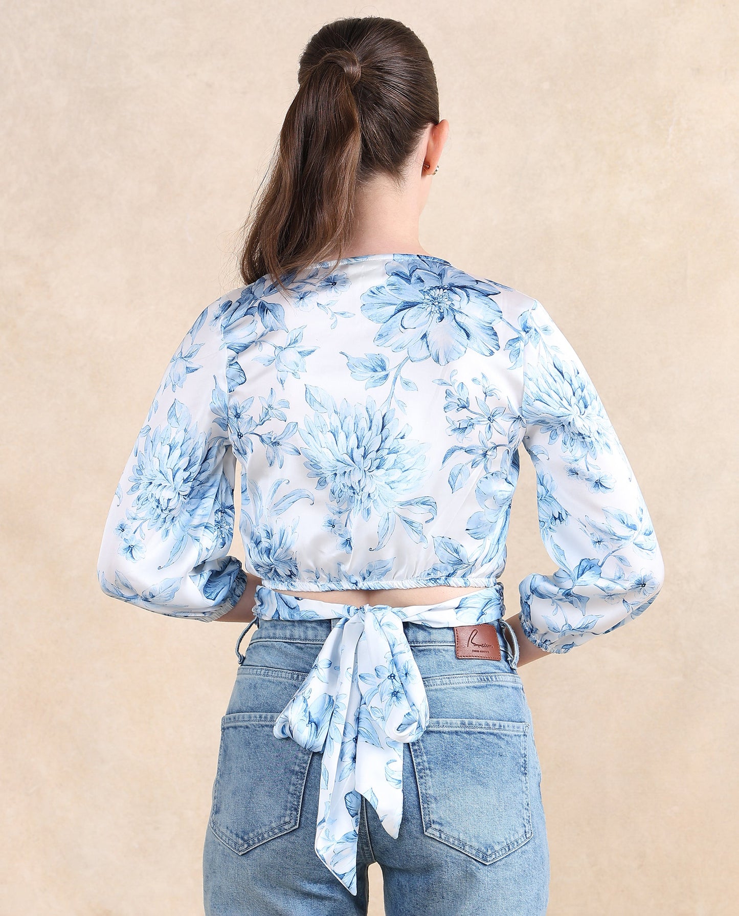 Rareism Women Milan Light Blue Bell Sleeves V-Neck Cropped Floral Print Top