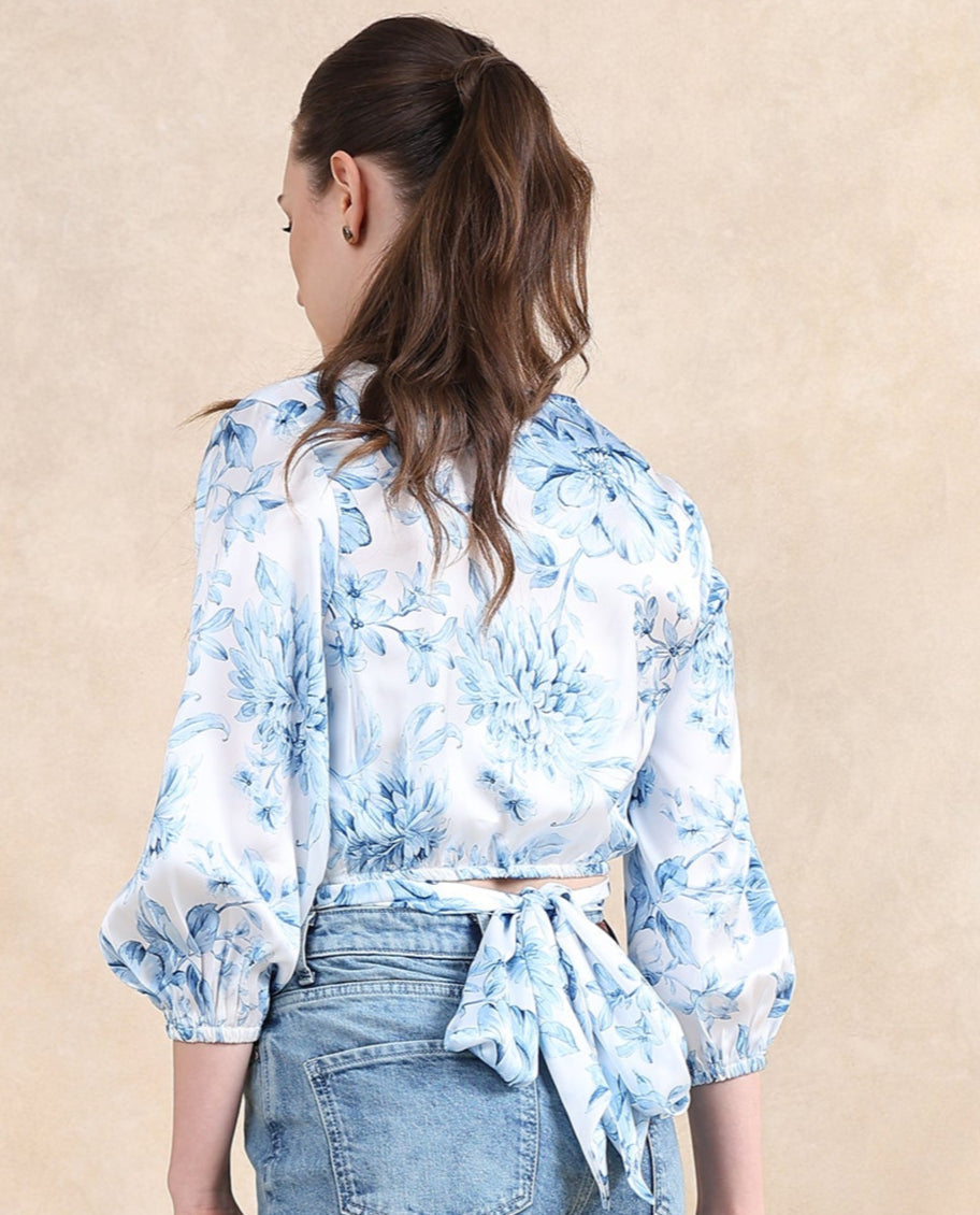 Rareism Women Milan Light Blue Bell Sleeves V-Neck Cropped Floral Print Top