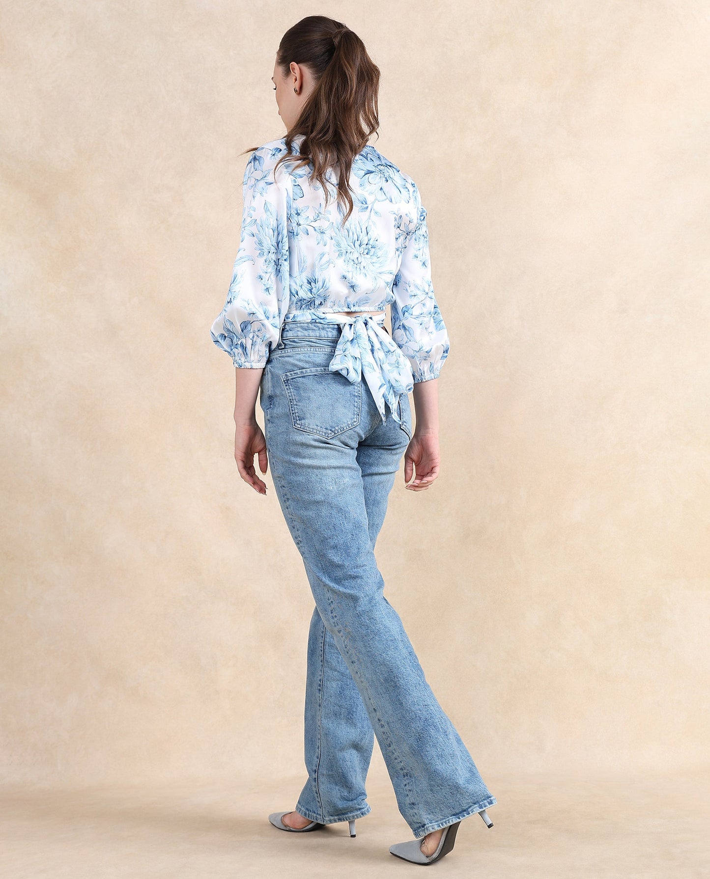 Rareism Women Milan Light Blue Bell Sleeves V-Neck Cropped Floral Print Top