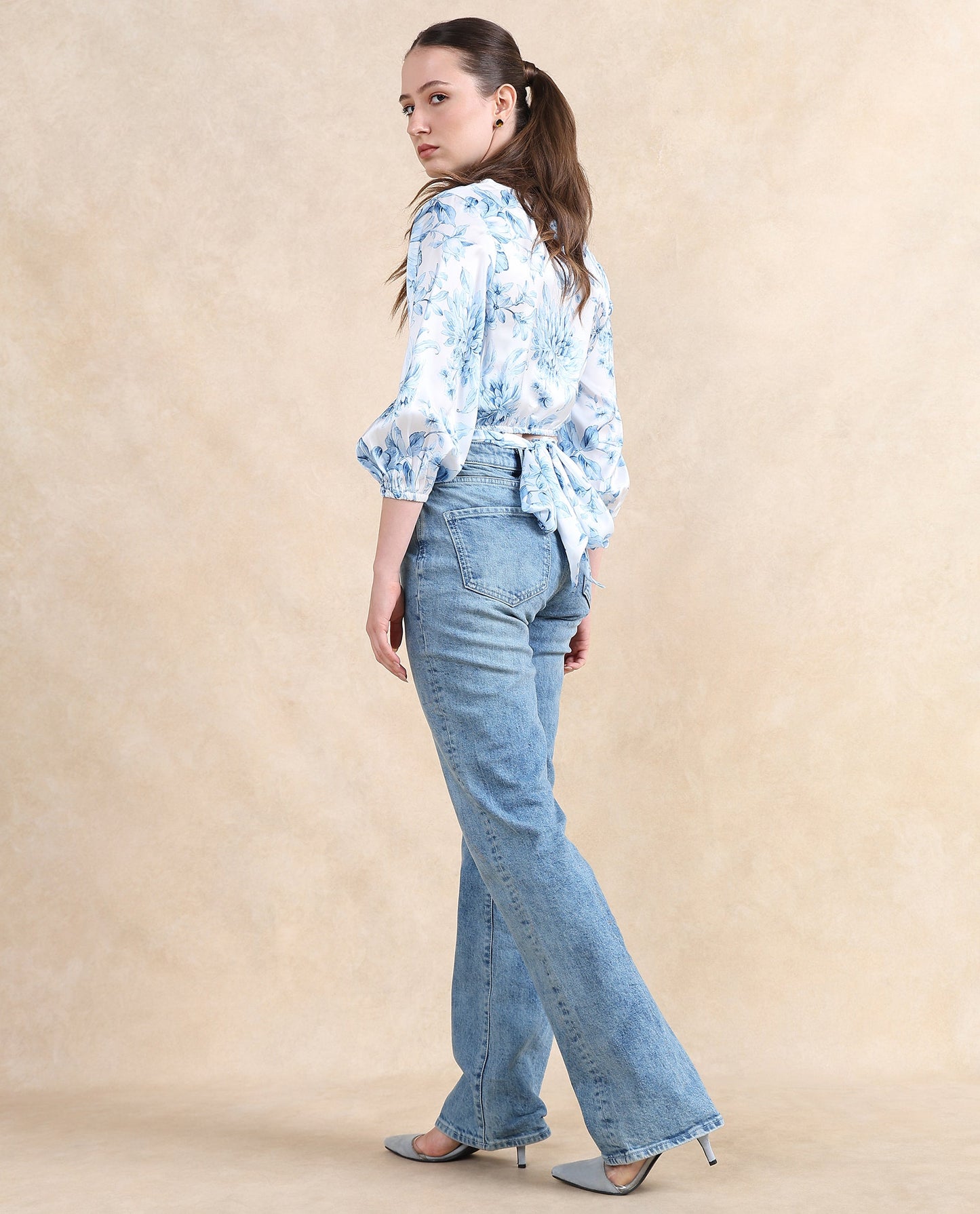 Rareism Women Milan Light Blue Bell Sleeves V-Neck Cropped Floral Print Top