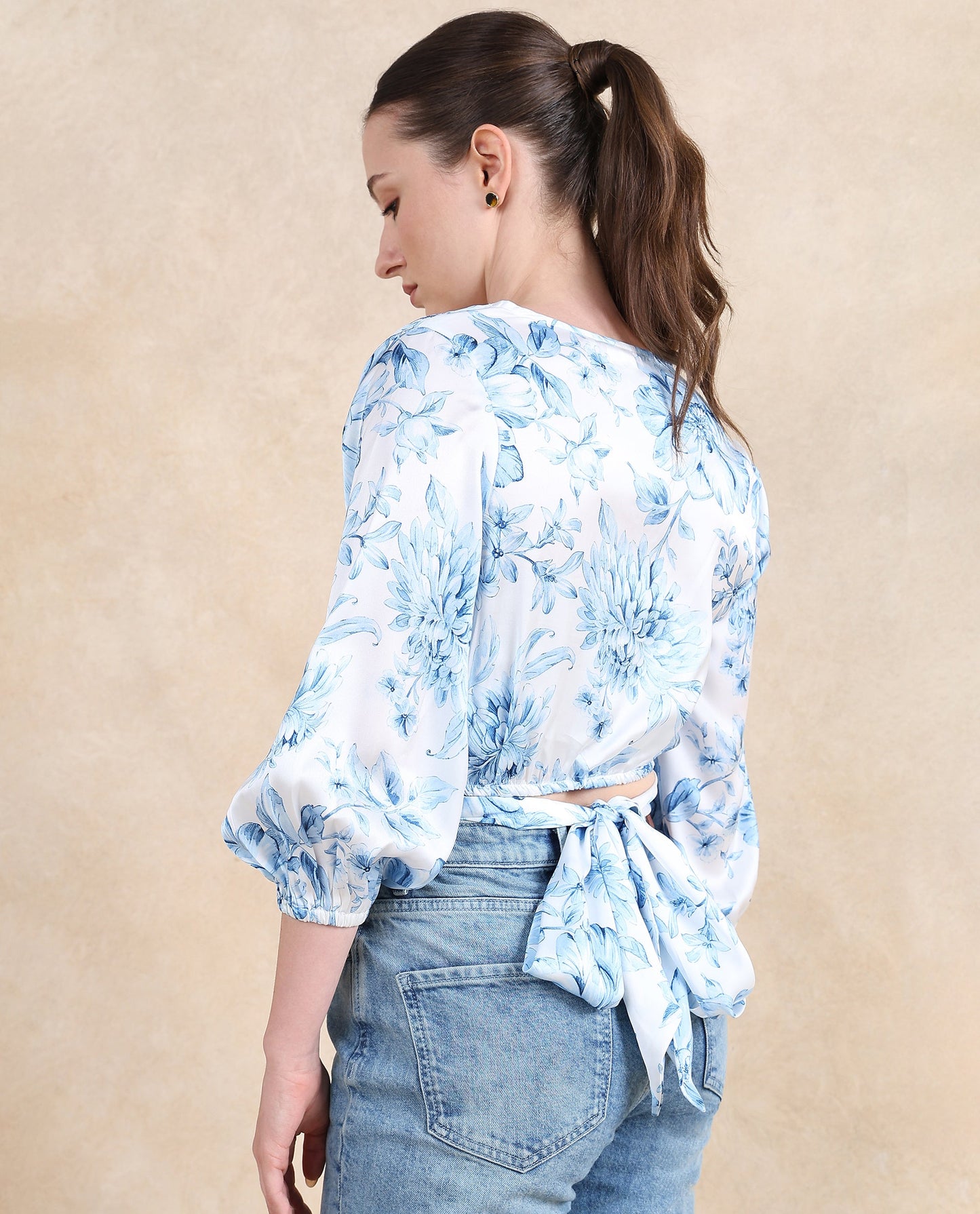 Rareism Women Milan Light Blue Bell Sleeves V-Neck Cropped Floral Print Top
