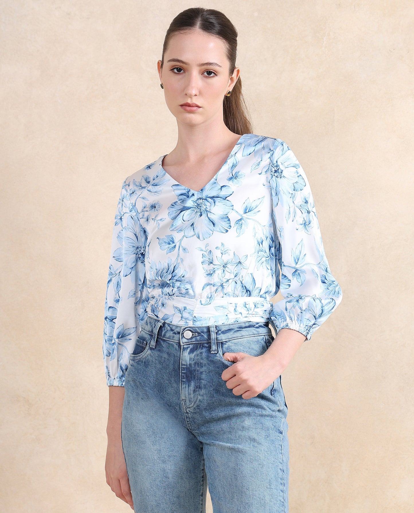 Rareism Women Milan Light Blue Bell Sleeves V-Neck Cropped Floral Print Top