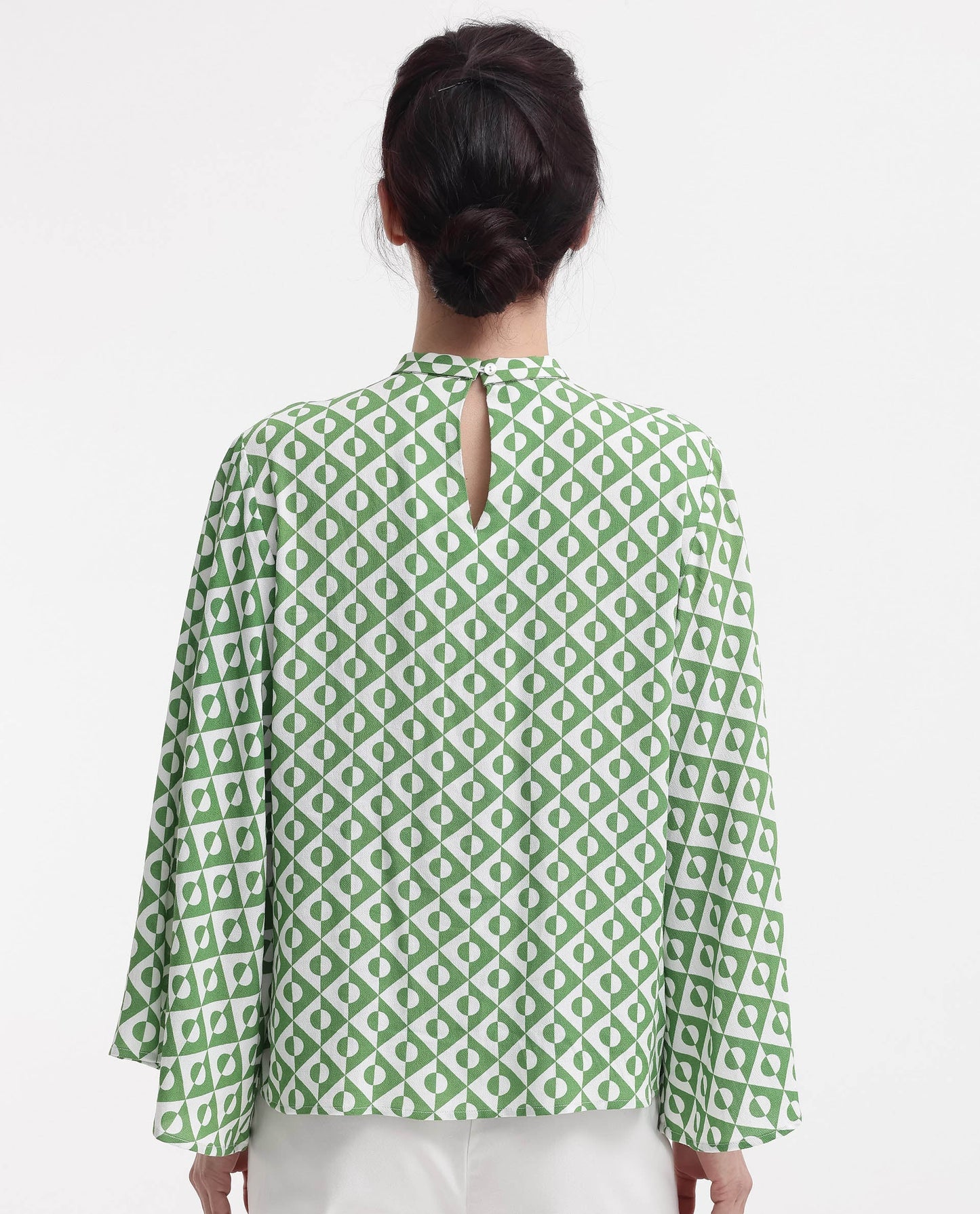 Rareism Women Naples Dark Green Bell Sleeves High Neck Geometric Print Top