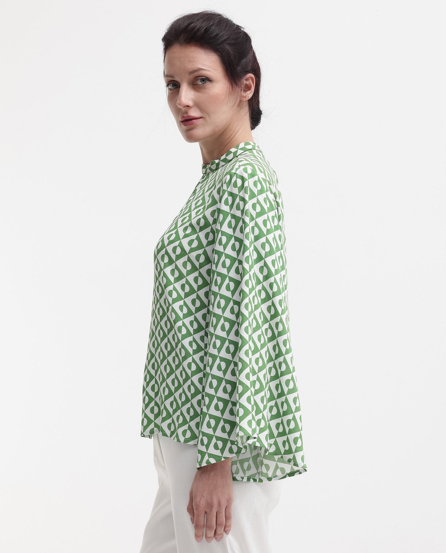 Rareism Women Naples Dark Green Bell Sleeves High Neck Geometric Print Top