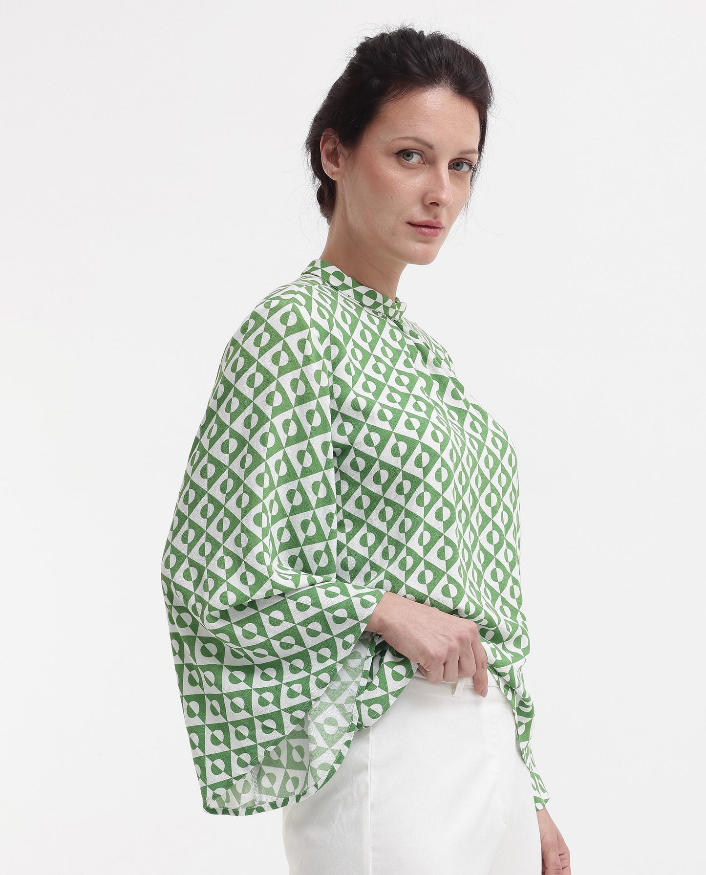 Rareism Women Naples Dark Green Bell Sleeves High Neck Geometric Print Top