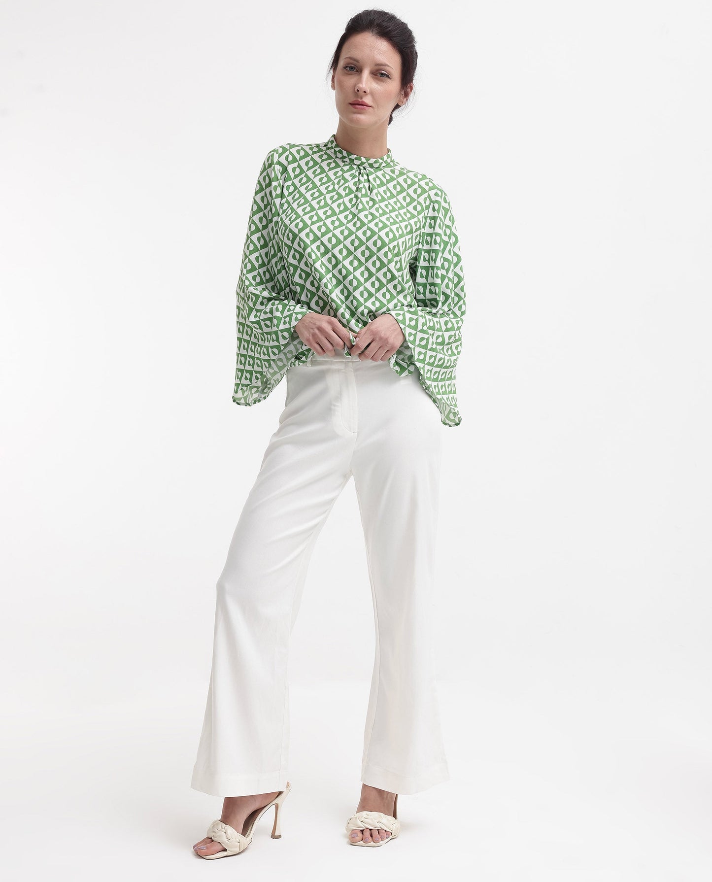 Rareism Women Naples Dark Green Bell Sleeves High Neck Geometric Print Top