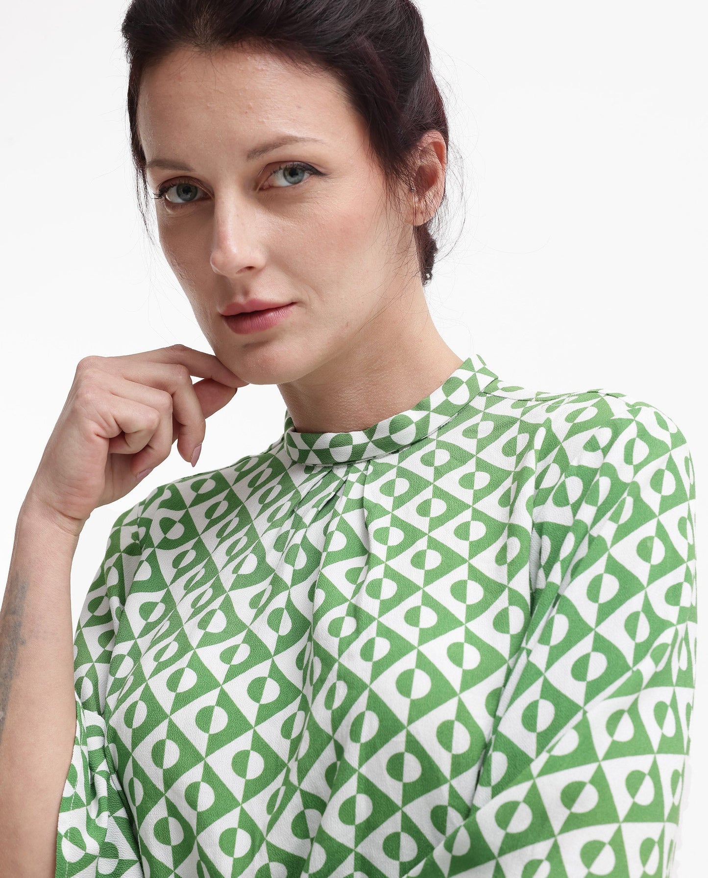 Rareism Women Naples Dark Green Bell Sleeves High Neck Geometric Print Top