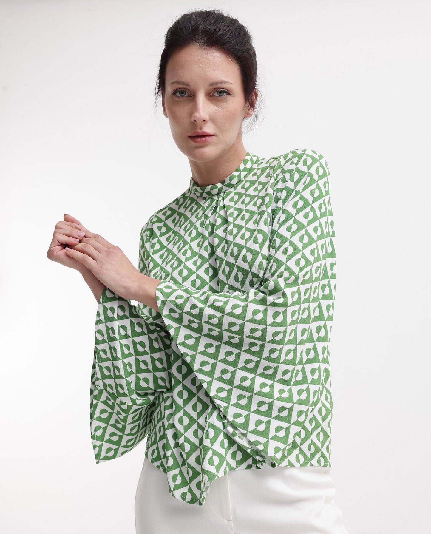 Rareism Women Naples Dark Green Bell Sleeves High Neck Geometric Print Top
