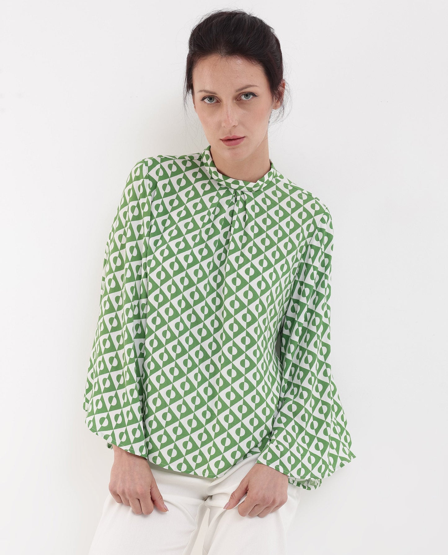 Rareism Women Naples Dark Green Bell Sleeves High Neck Geometric Print Top