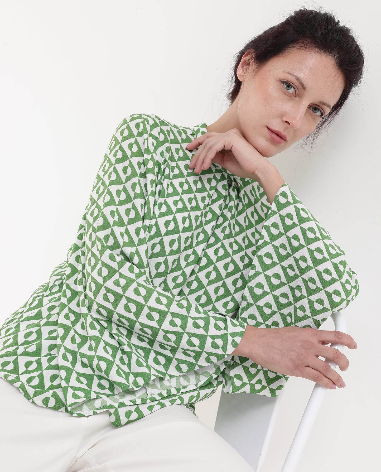 Rareism Women Naples Dark Green Bell Sleeves High Neck Geometric Print Top