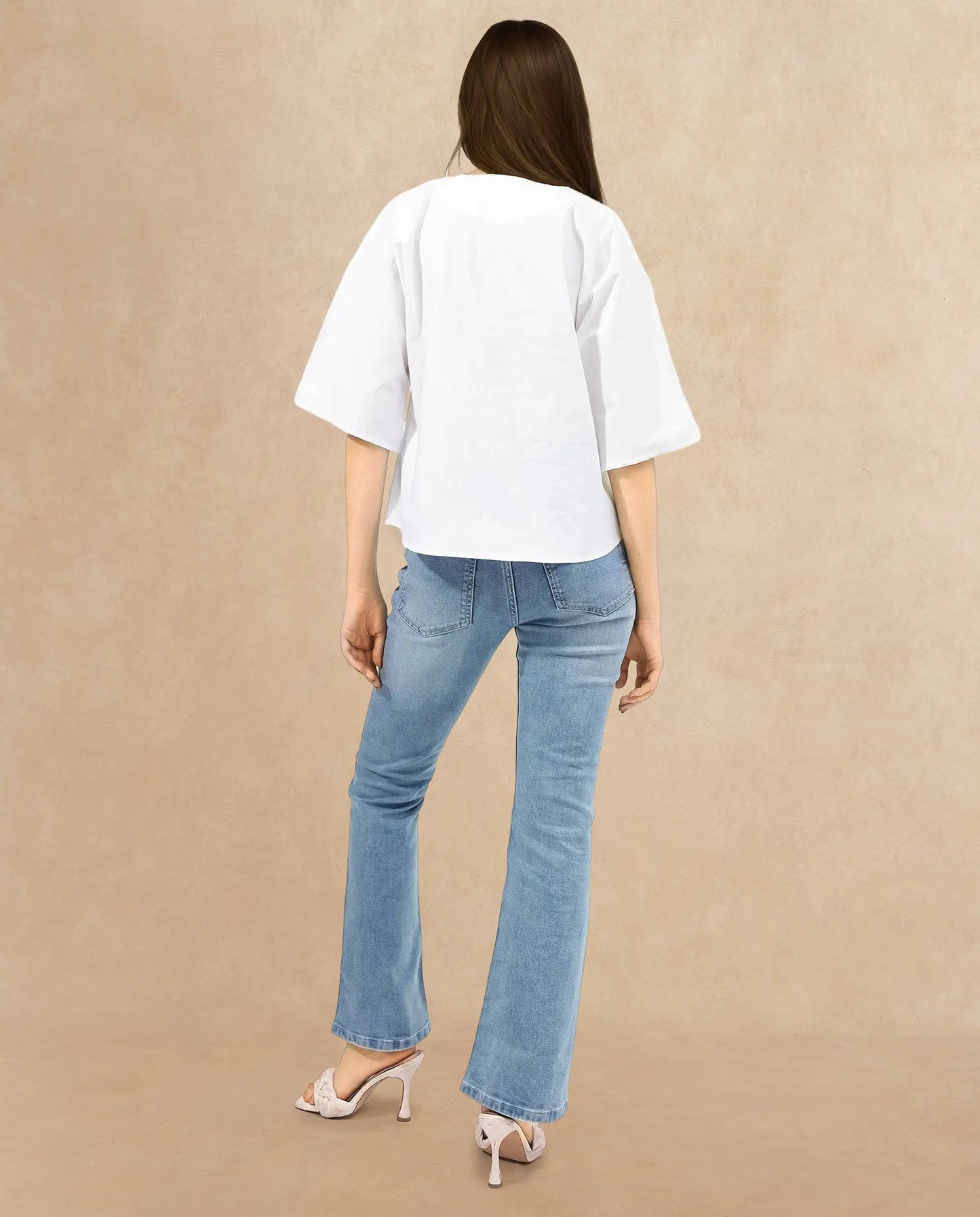 Rareism Women Naruto White Cotton Fabric Balloon Sleeve Round Neck Solid Regular Length Top
