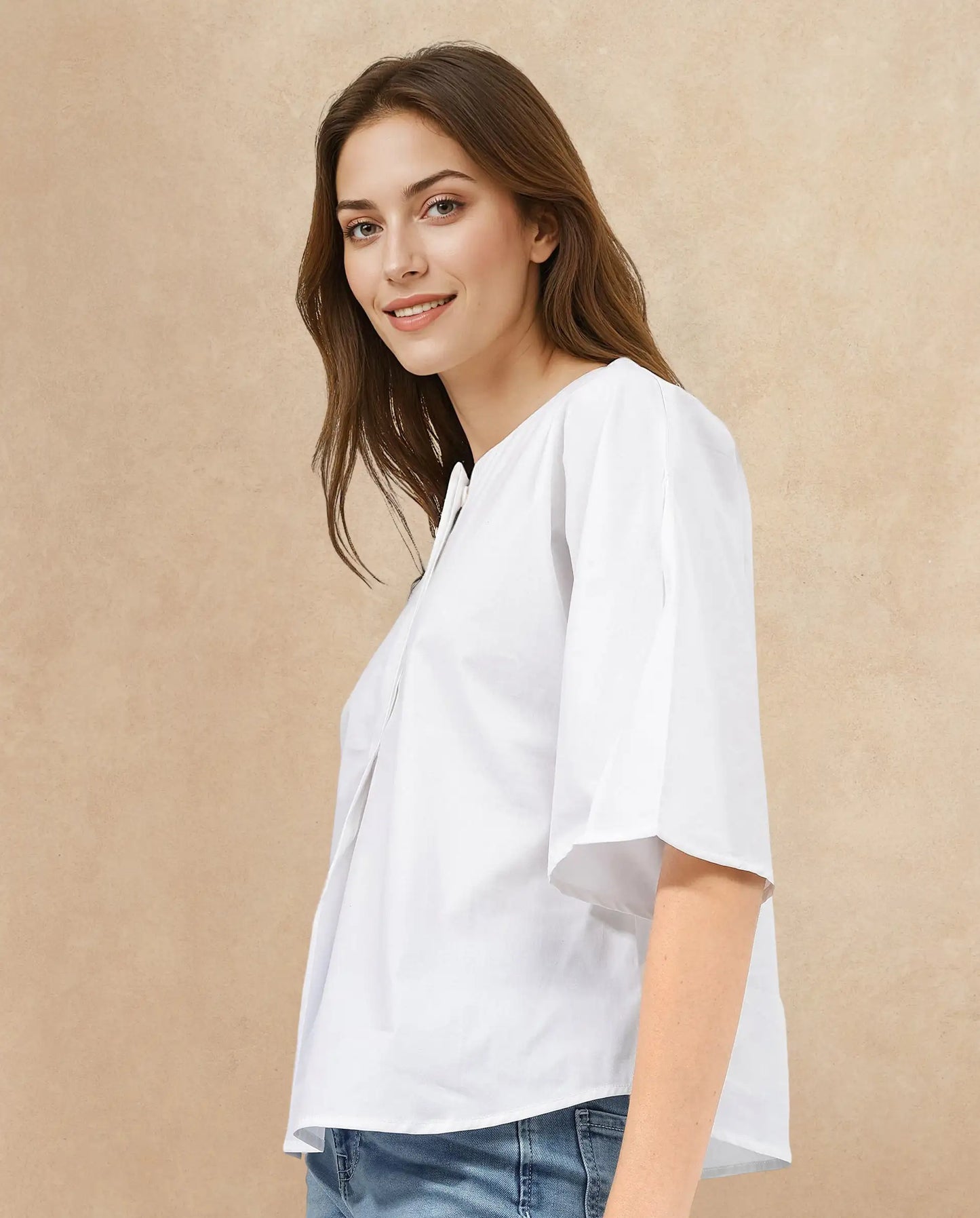 Rareism Women Naruto White Cotton Fabric Balloon Sleeve Round Neck Solid Regular Length Top