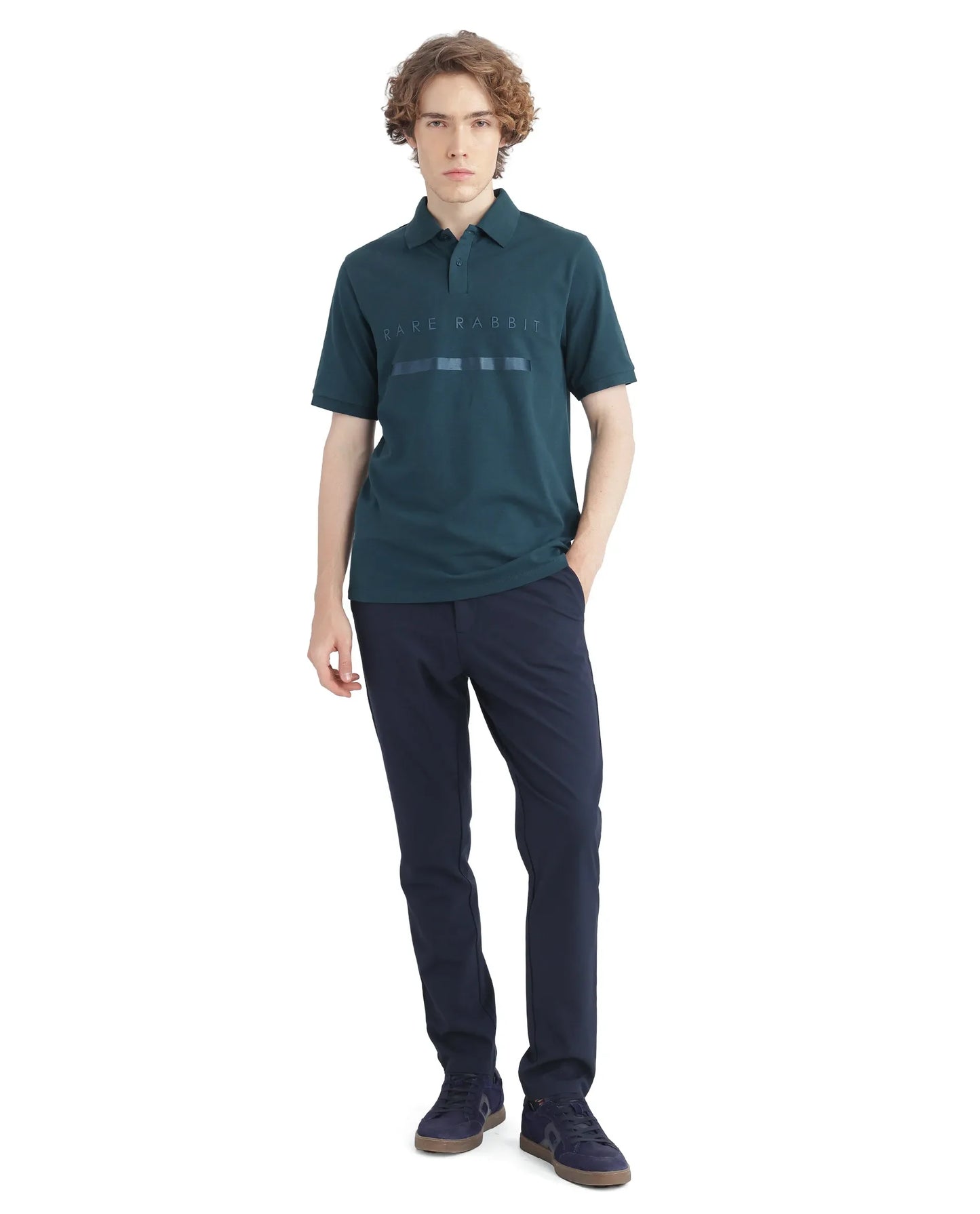 Rare Rabbit Men Nellit Dusky Teal Short Sleeve Collared Neck Plain Polo