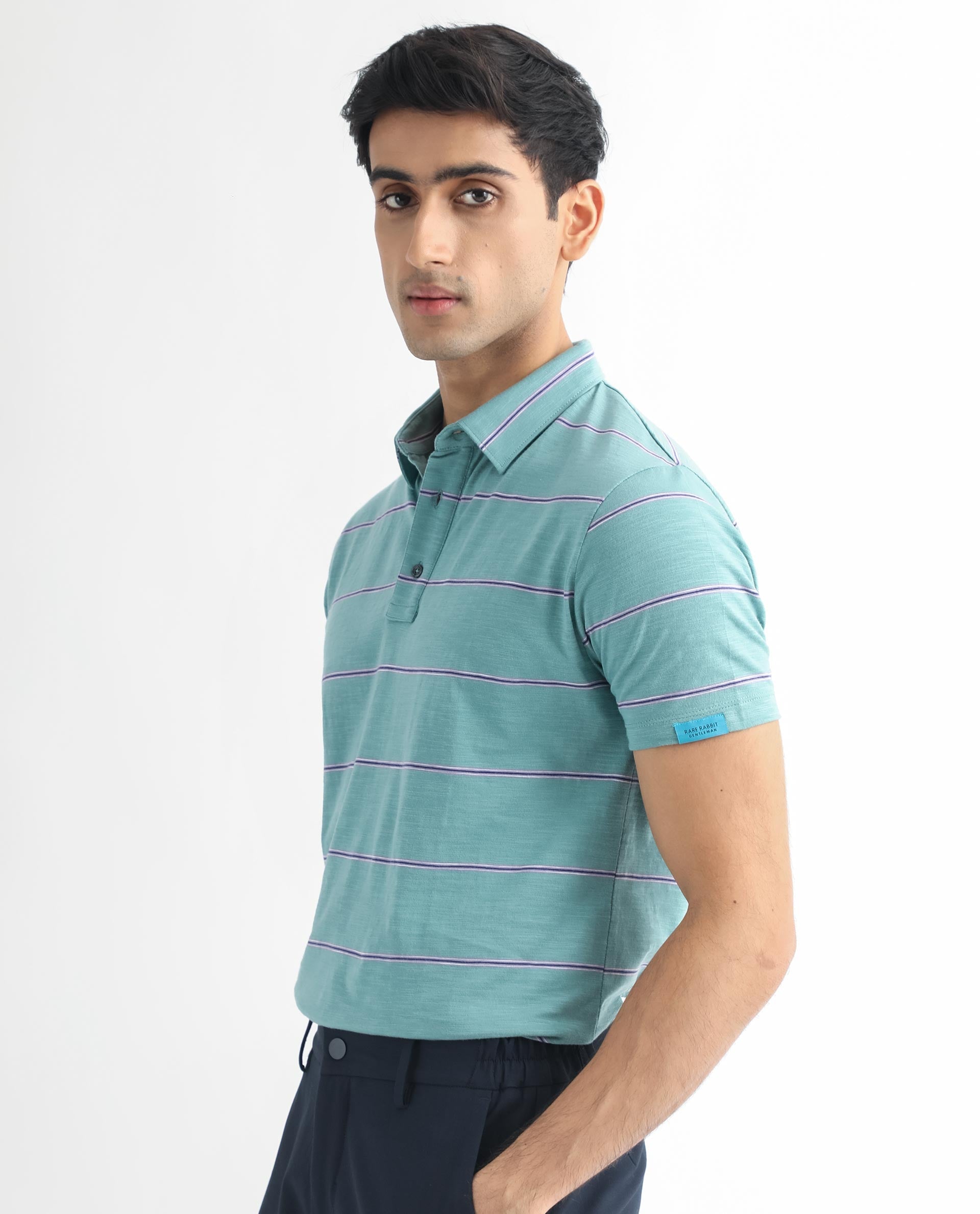 Rare Rabbit Men's Neonss Green Collared Neck Smart Striped Half Sleeve Polo T-Shirt
