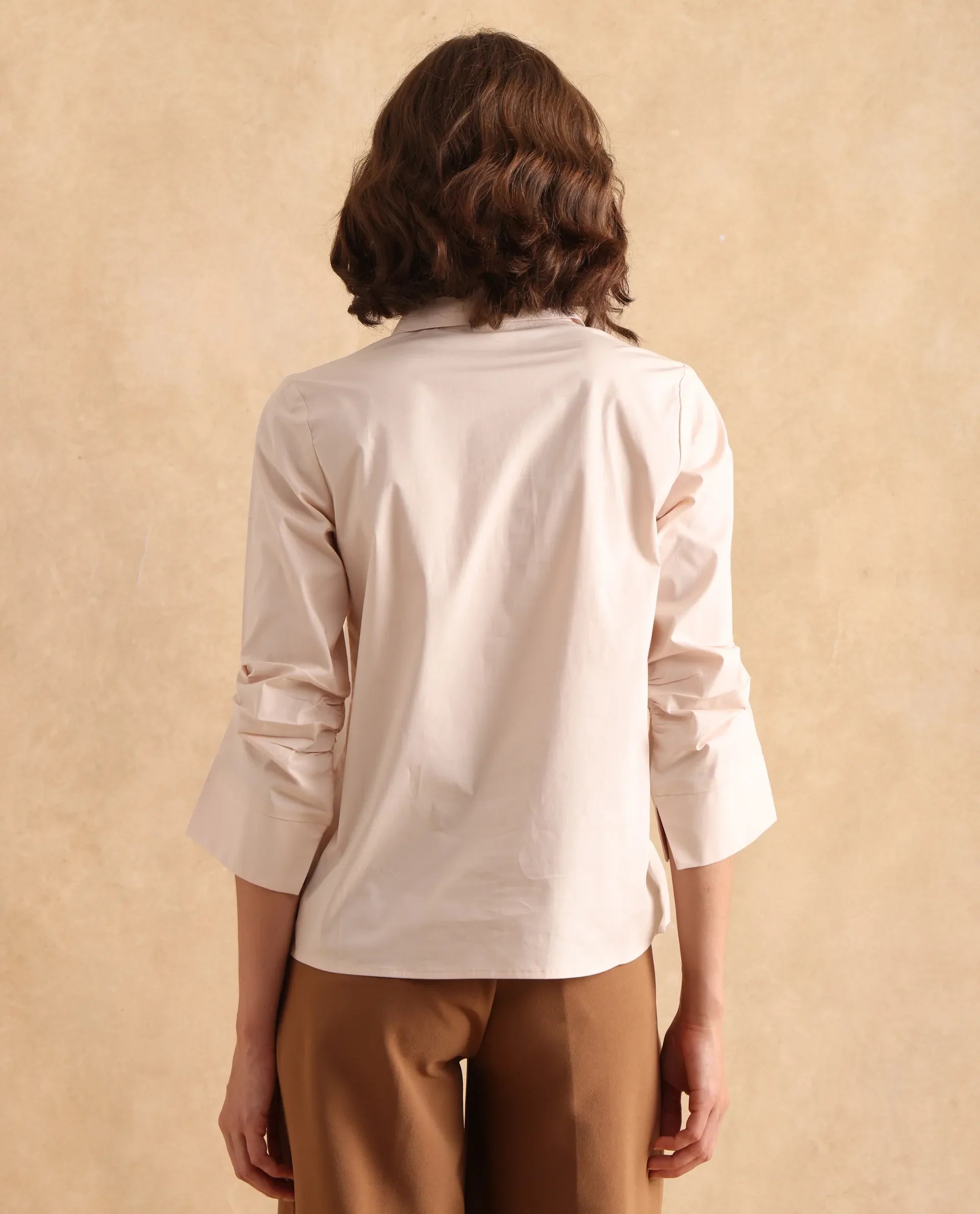 Rareism Women Oilip Beige Cotton Blend Fabric Slit Sleeve V-Neck Plain Top