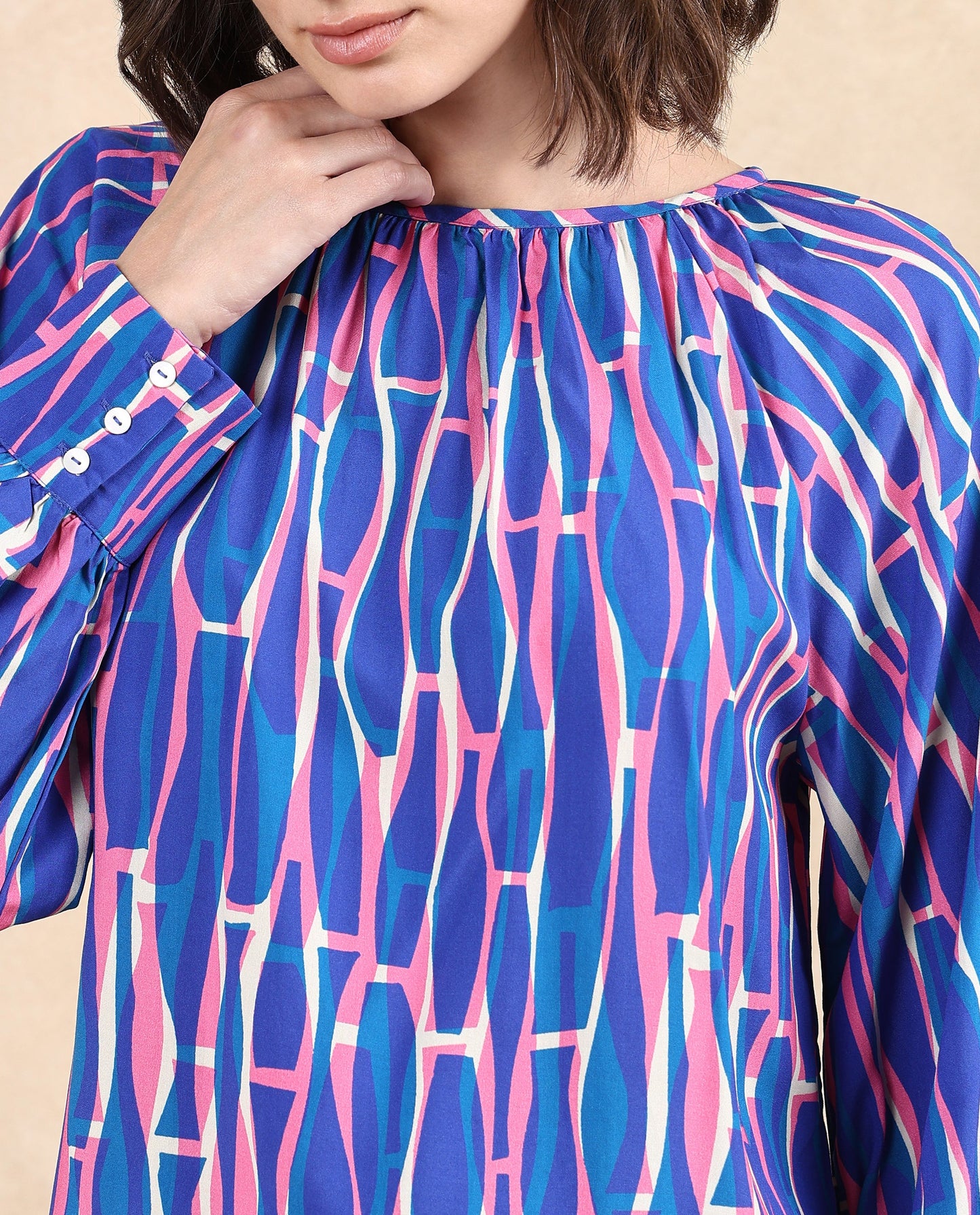 Rareism Women Palermo Multi Raglan Sleeves Crew Neck Abstract Print Top