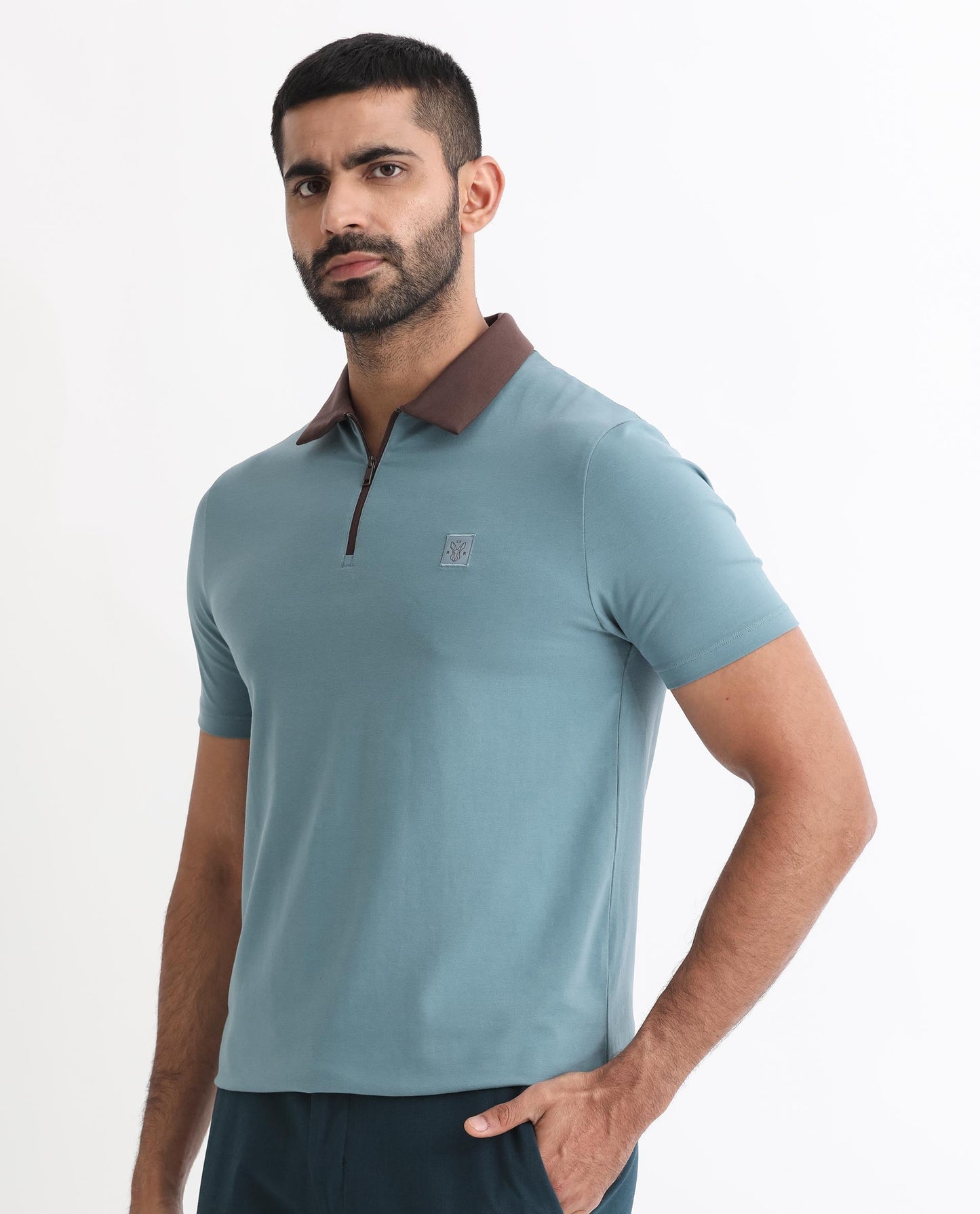 Rare Rabbit Men's Panet Dusky Blue Cotton Lycra Fabric Collared Neck Zipper Closure Half Sleeves Polo T-Shirt