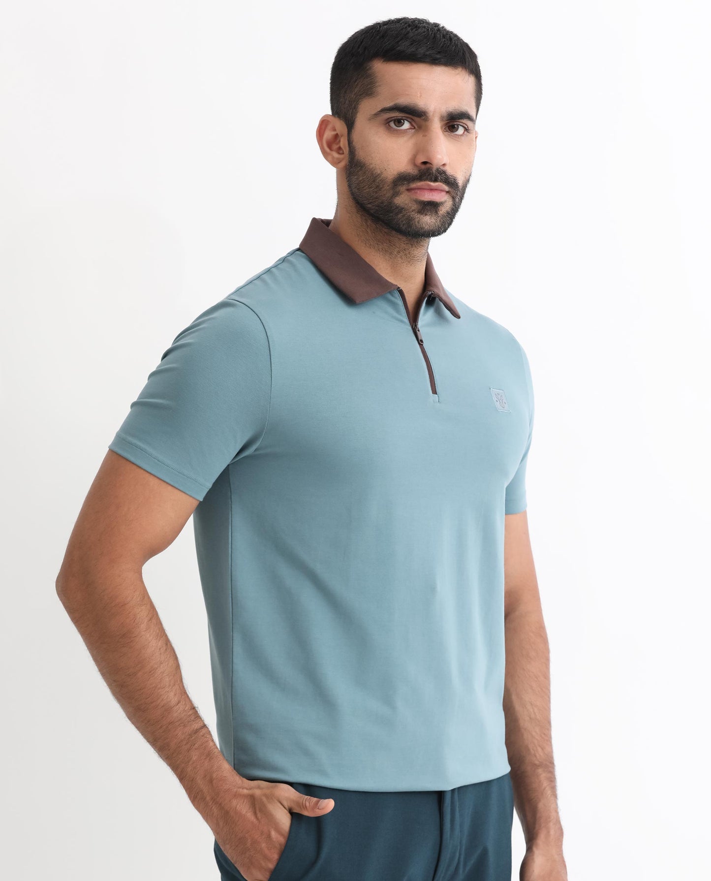 Rare Rabbit Men's Panet Dusky Blue Cotton Lycra Fabric Collared Neck Zipper Closure Half Sleeves Polo T-Shirt