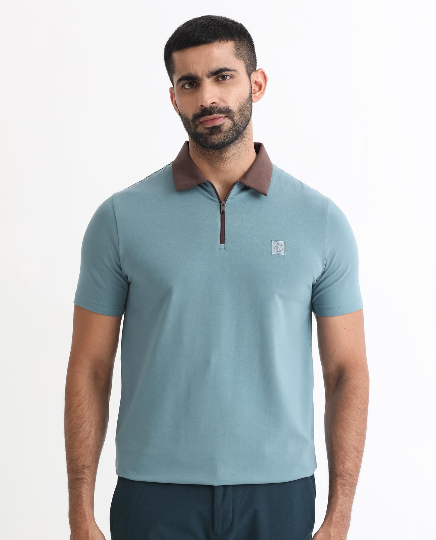 Rare Rabbit Men's Panet Dusky Blue Cotton Lycra Fabric Collared Neck Zipper Closure Half Sleeves Polo T-Shirt