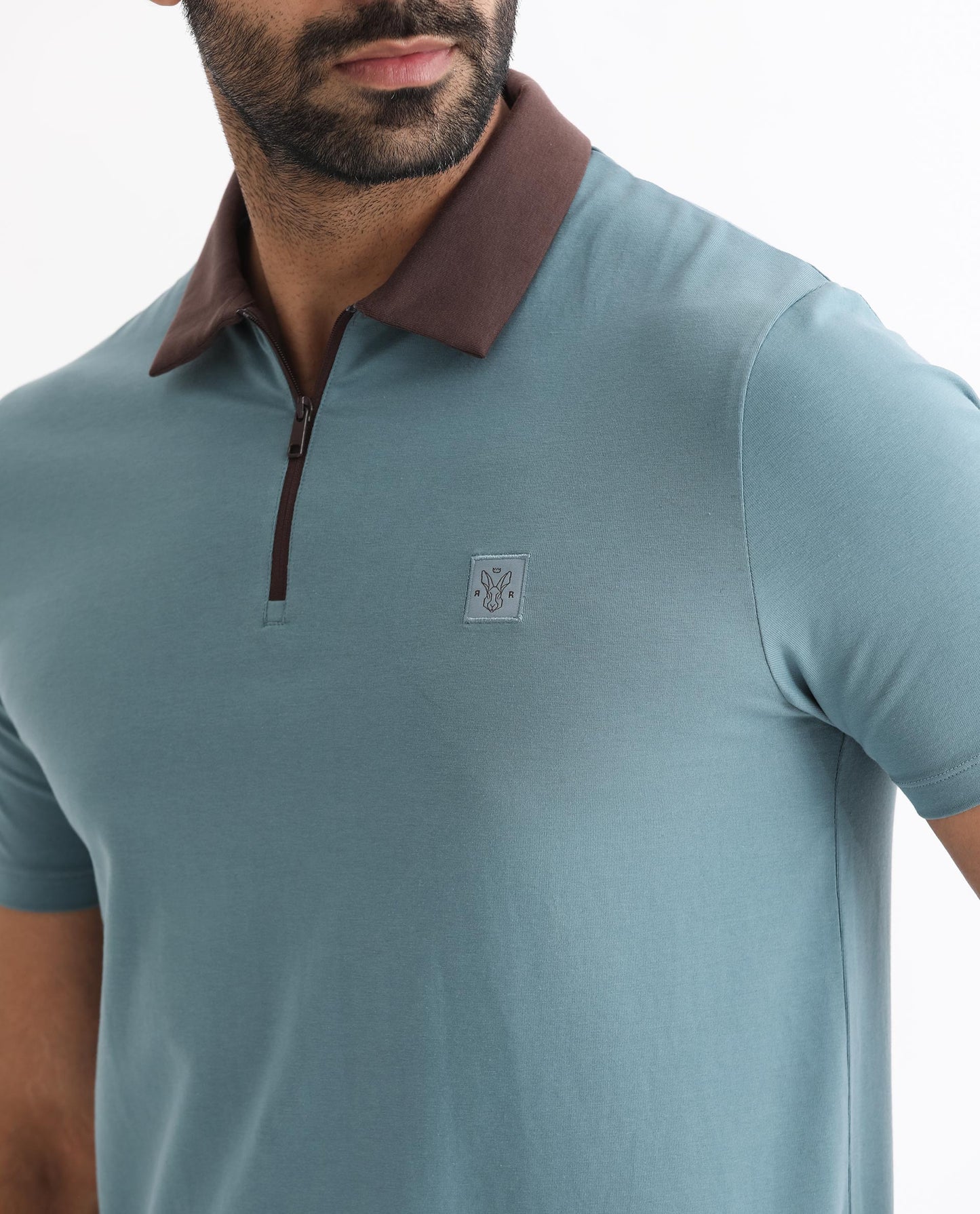 Rare Rabbit Men's Panet Dusky Blue Cotton Lycra Fabric Collared Neck Zipper Closure Half Sleeves Polo T-Shirt