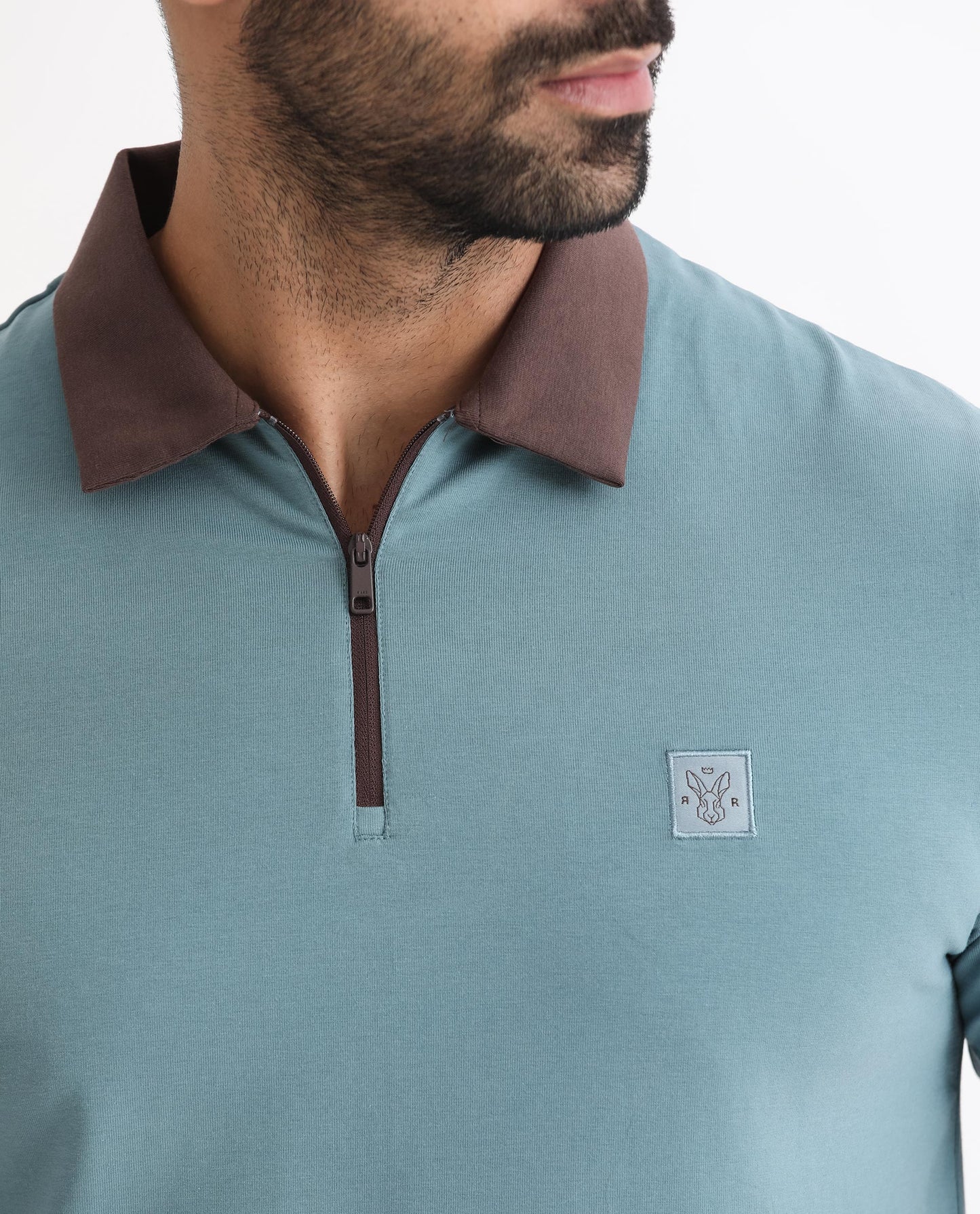 Rare Rabbit Men's Panet Dusky Blue Cotton Lycra Fabric Collared Neck Zipper Closure Half Sleeves Polo T-Shirt