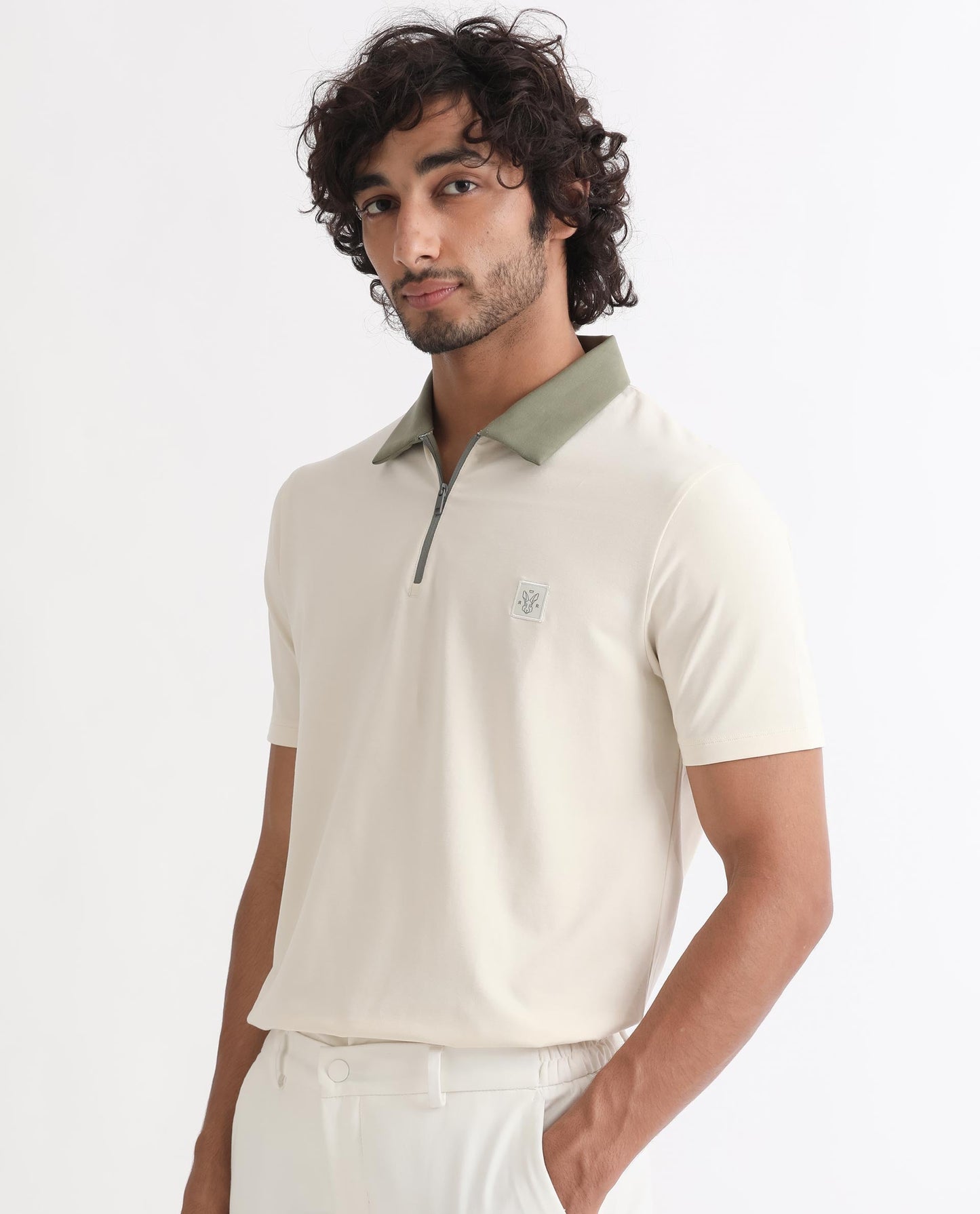Rare Rabbit Men's Panet Off White Cotton Lycra Fabric Collared Neck Zipper Closure Half Sleeves Polo T-Shirt