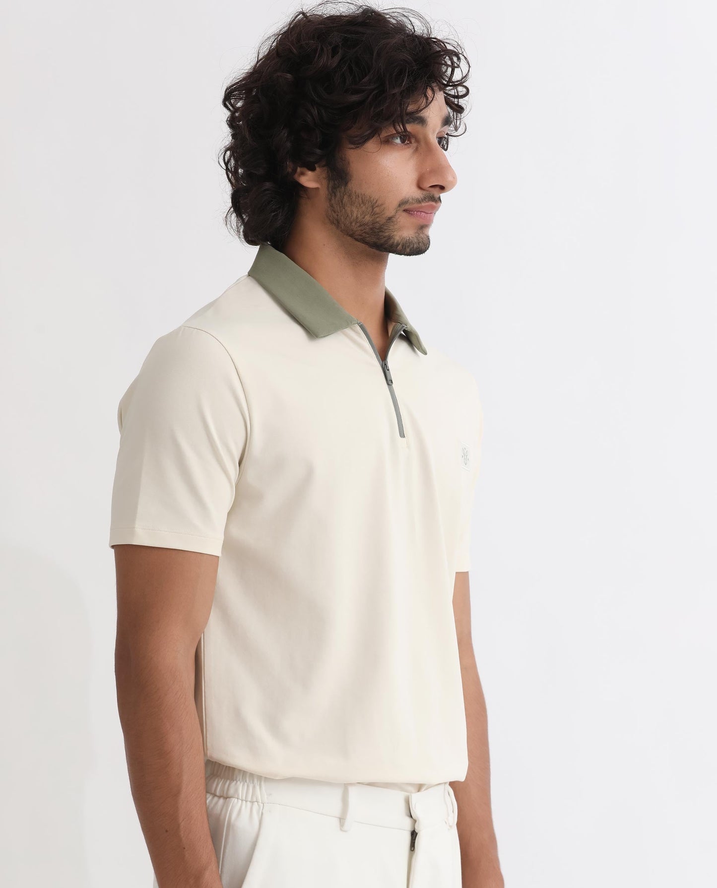 Rare Rabbit Men's Panet Off White Cotton Lycra Fabric Collared Neck Zipper Closure Half Sleeves Polo T-Shirt