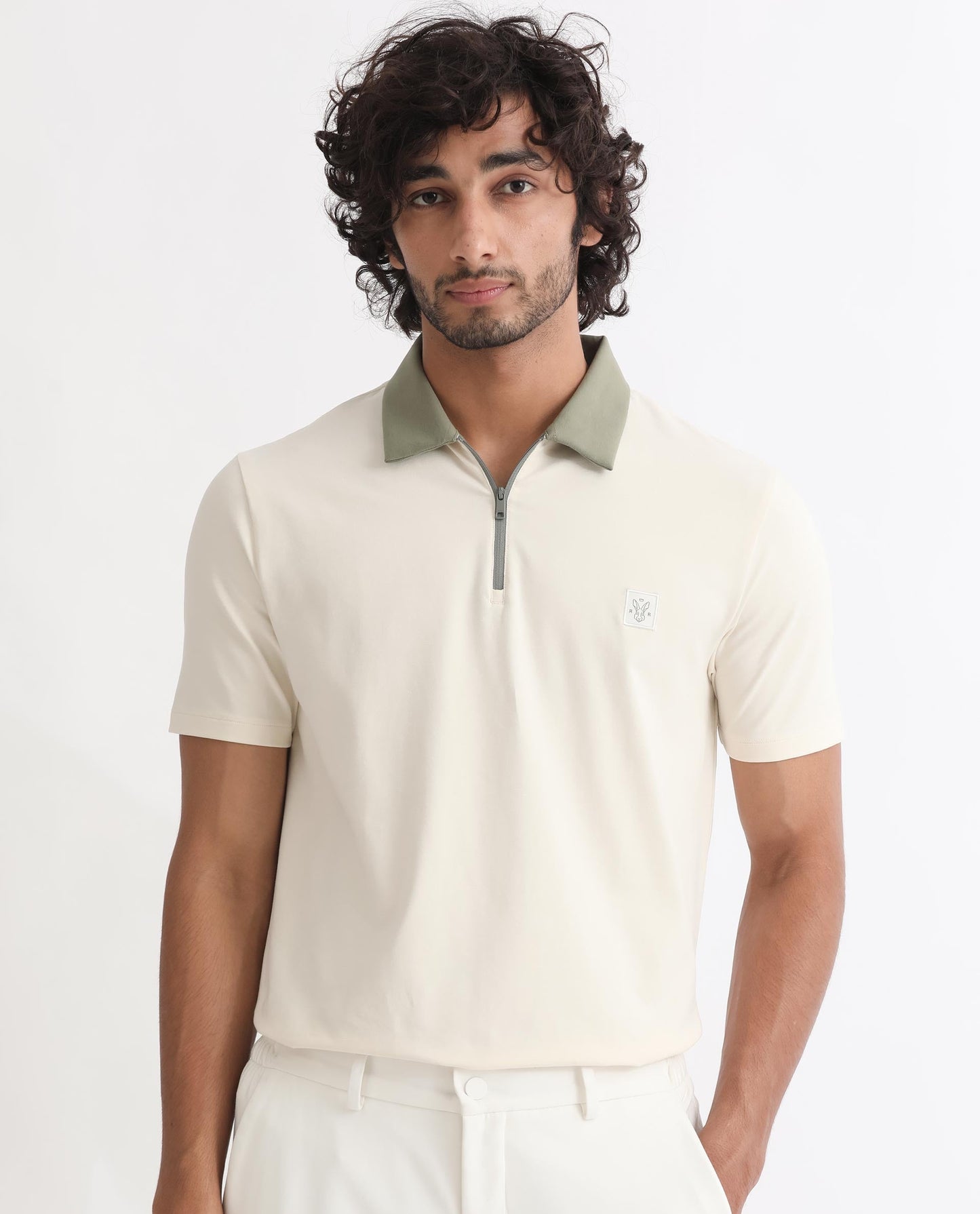 Rare Rabbit Men's Panet Off White Cotton Lycra Fabric Collared Neck Zipper Closure Half Sleeves Polo T-Shirt