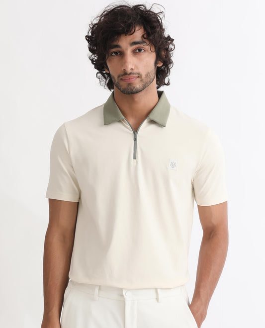 Rare Rabbit Men's Panet Off White Cotton Lycra Fabric Collared Neck Zipper Closure Half Sleeves Polo T-Shirt