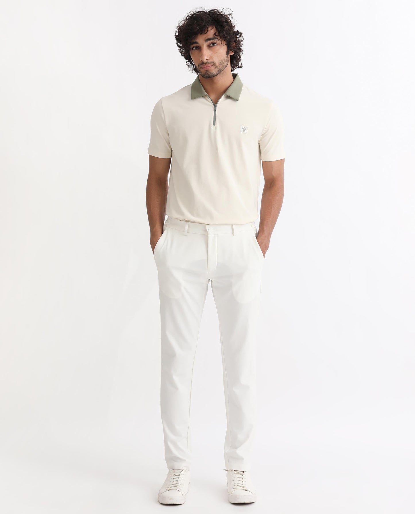 Rare Rabbit Men's Panet Off White Cotton Lycra Fabric Collared Neck Zipper Closure Half Sleeves Polo T-Shirt