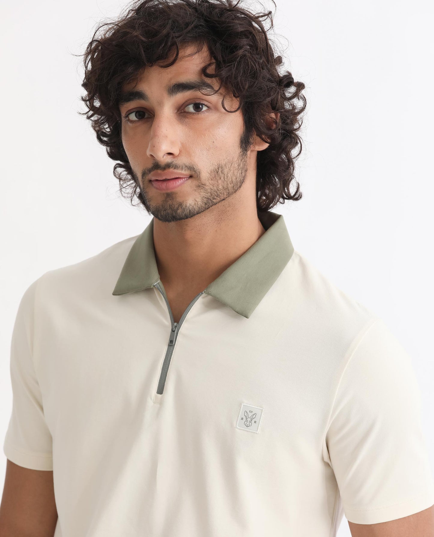 Rare Rabbit Men's Panet Off White Cotton Lycra Fabric Collared Neck Zipper Closure Half Sleeves Polo T-Shirt