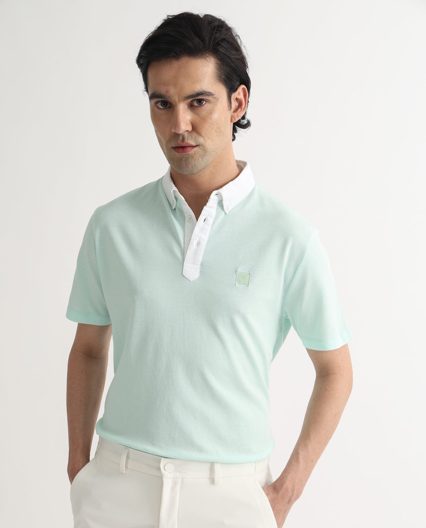 Rare Rabbit Men's Parma Pastel Green Cotton Fabric Contrasting Collared Neck Half Sleeve Polo T-Shirt