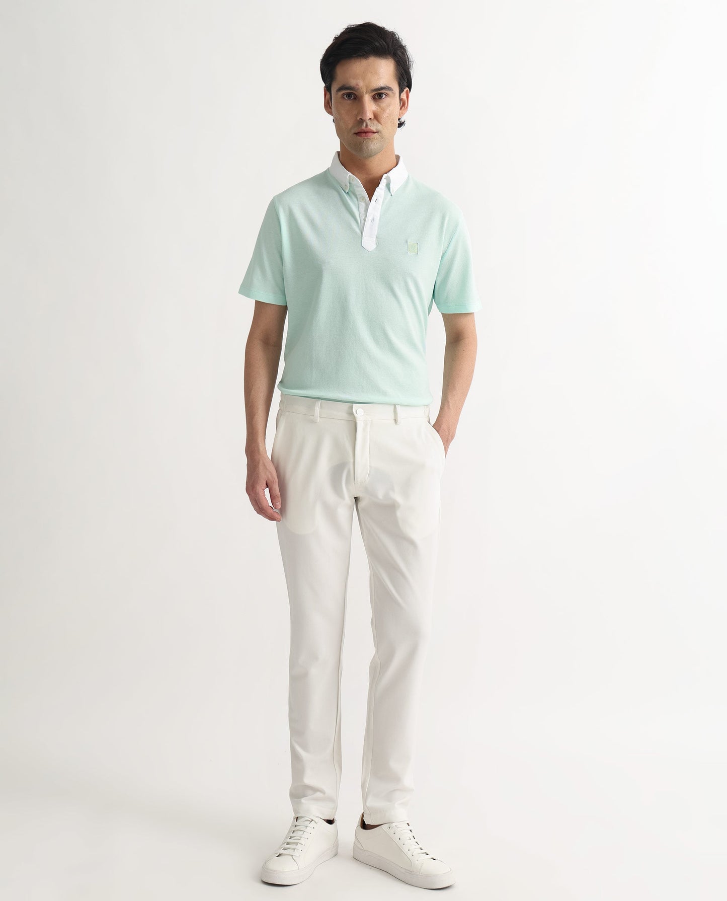 Rare Rabbit Men's Parma Pastel Green Cotton Fabric Contrasting Collared Neck Half Sleeve Polo T-Shirt