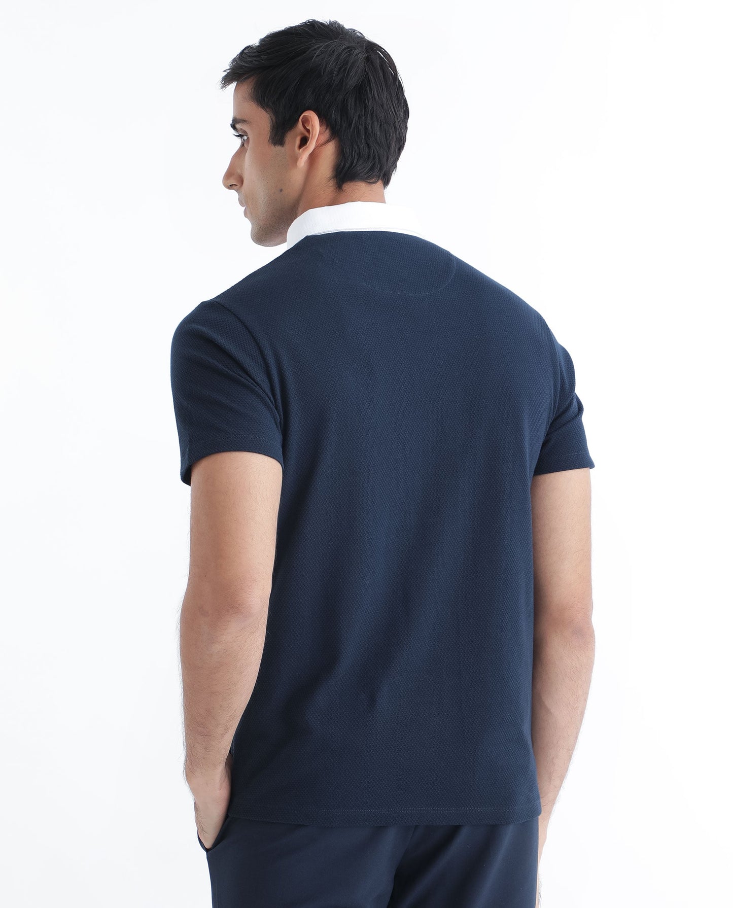 Rare Rabbit Men's Parmat Navy Cotton Fabric Collared Neck Half Sleeves Woven Textured Popcorn Polo T-Shirt