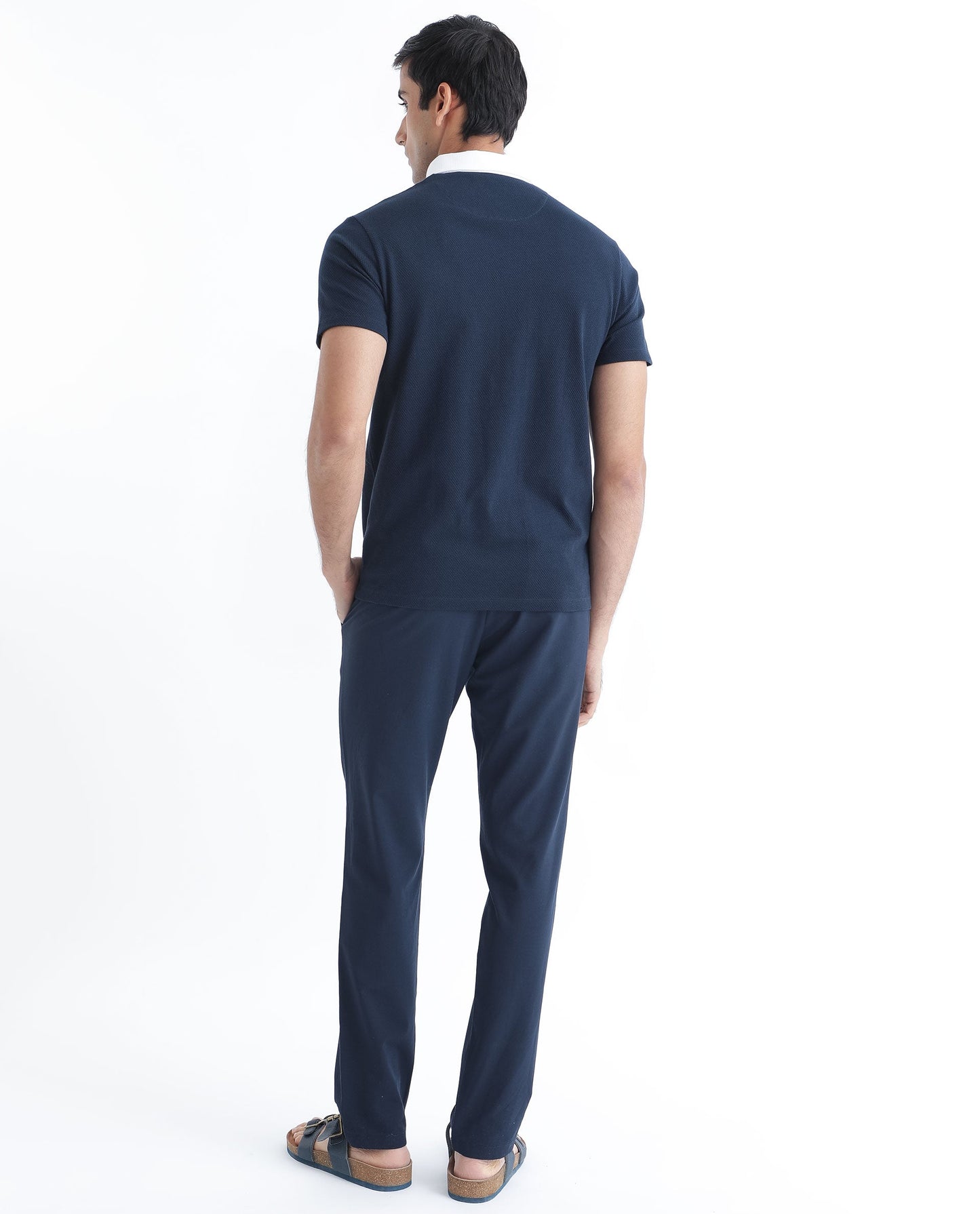 Rare Rabbit Men's Parmat Navy Cotton Fabric Collared Neck Half Sleeves Woven Textured Popcorn Polo T-Shirt