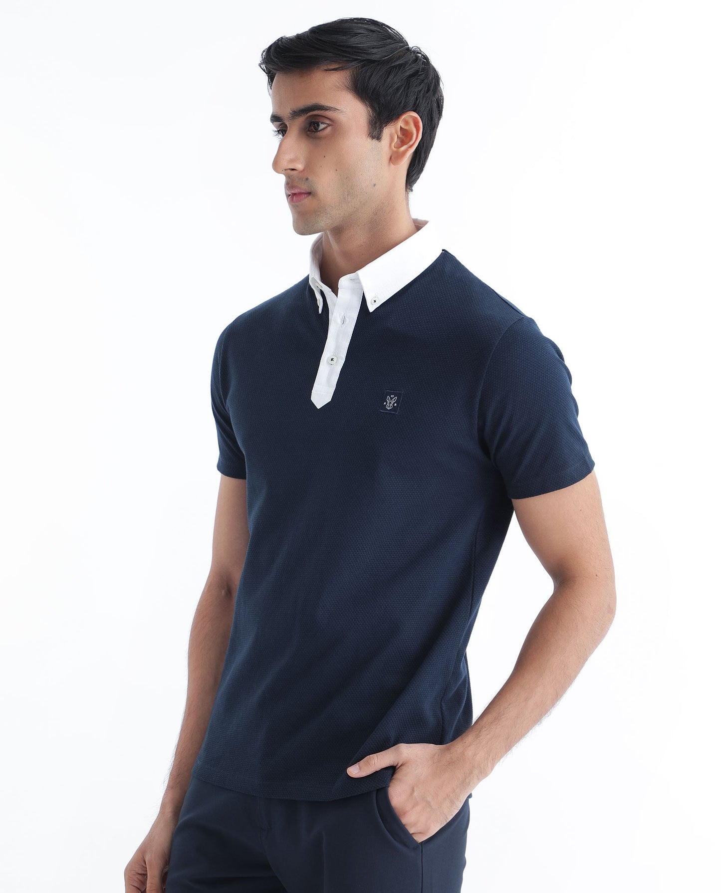 Rare Rabbit Men's Parmat Navy Cotton Fabric Collared Neck Half Sleeves Woven Textured Popcorn Polo T-Shirt