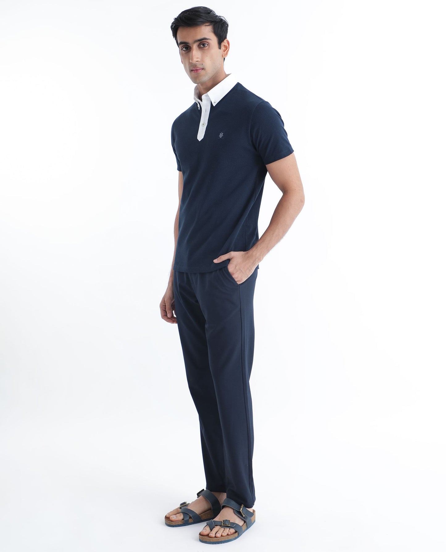 Rare Rabbit Men's Parmat Navy Cotton Fabric Collared Neck Half Sleeves Woven Textured Popcorn Polo T-Shirt