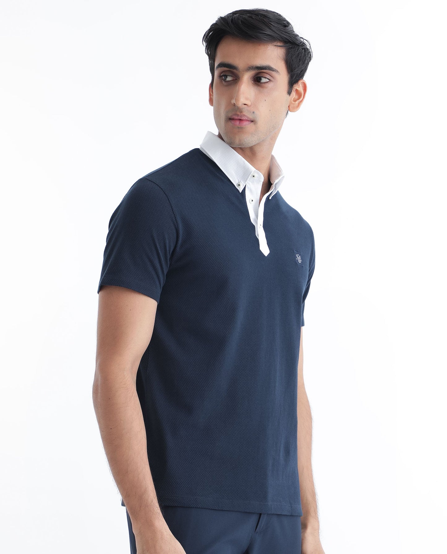 Rare Rabbit Men's Parmat Navy Cotton Fabric Collared Neck Half Sleeves Woven Textured Popcorn Polo T-Shirt